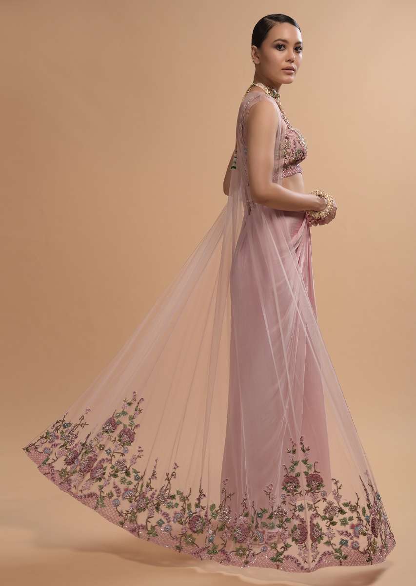 Icy Pink Draped Skirt And Crop Top Set With Long Jacket And 3D Flower Embroidery - Image 4