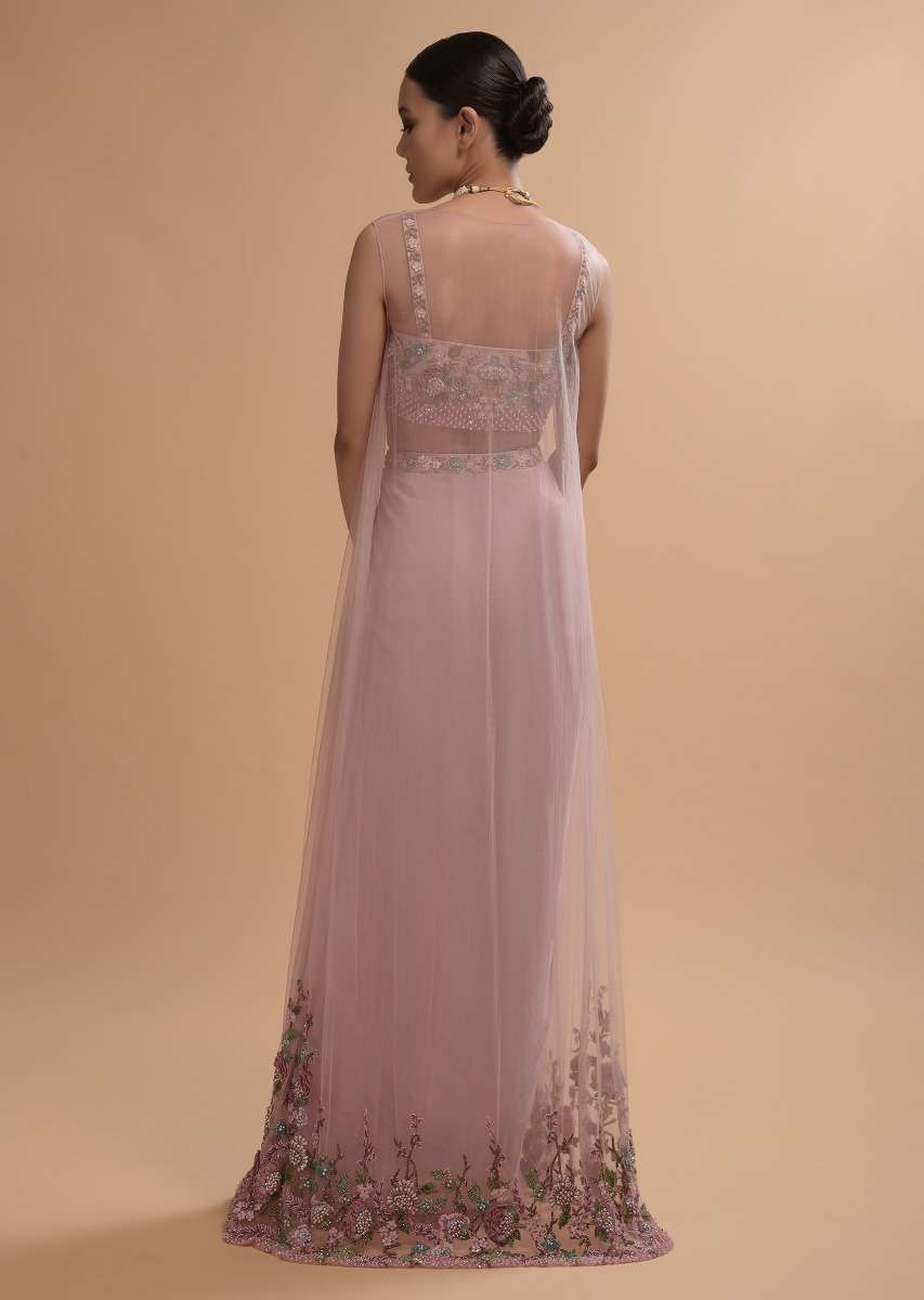Icy Pink Draped Skirt And Crop Top Set With Long Jacket And 3D Flower Embroidery - Image 5