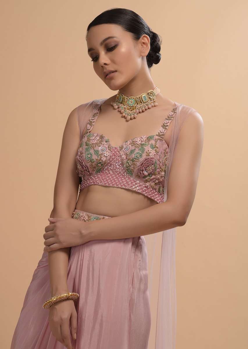 Icy Pink Draped Skirt And Crop Top Set With Long Jacket And 3D Flower Embroidery - Image 6