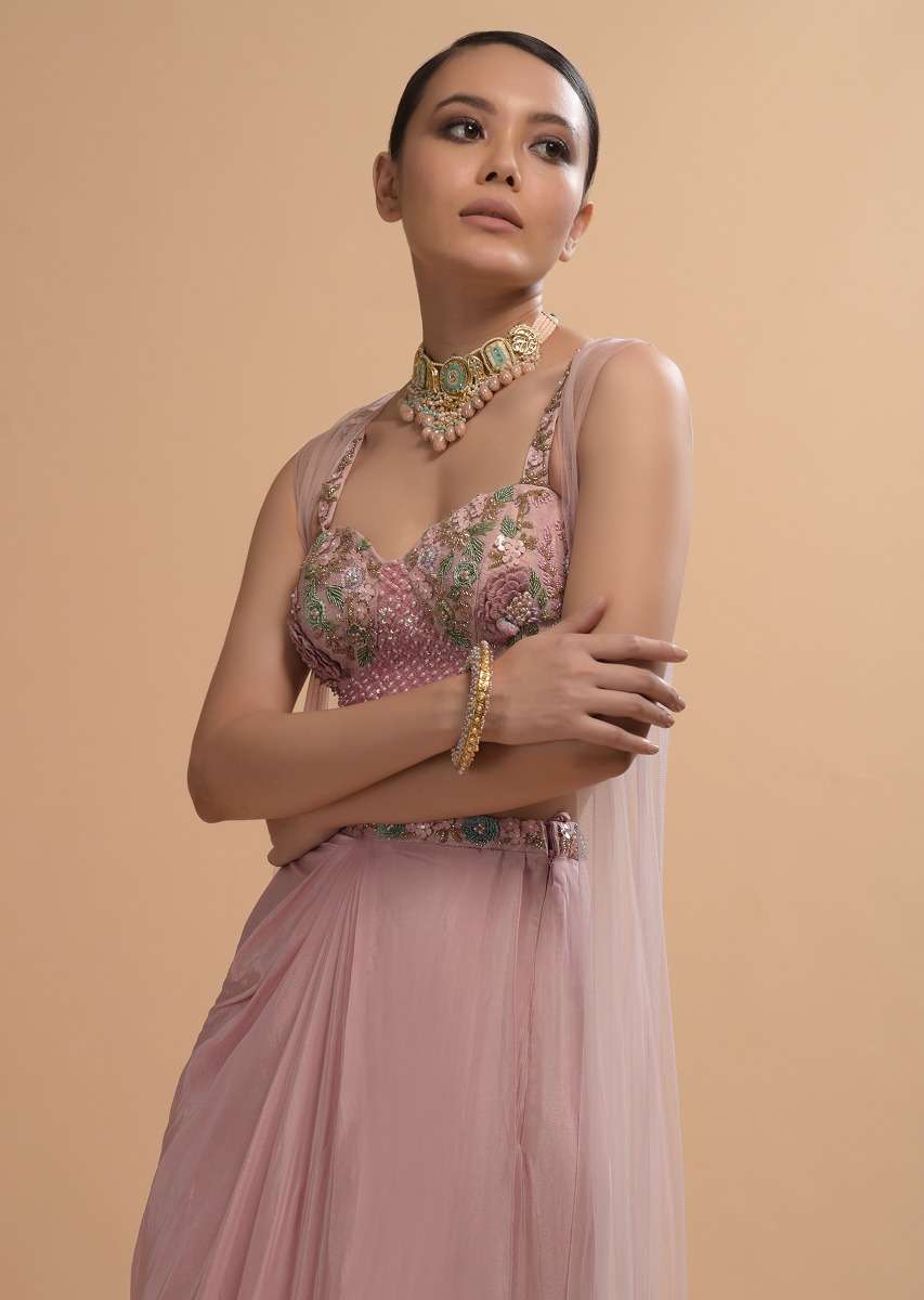 Icy Pink Draped Skirt And Crop Top Set With Long Jacket And 3D Flower Embroidery - Image 7