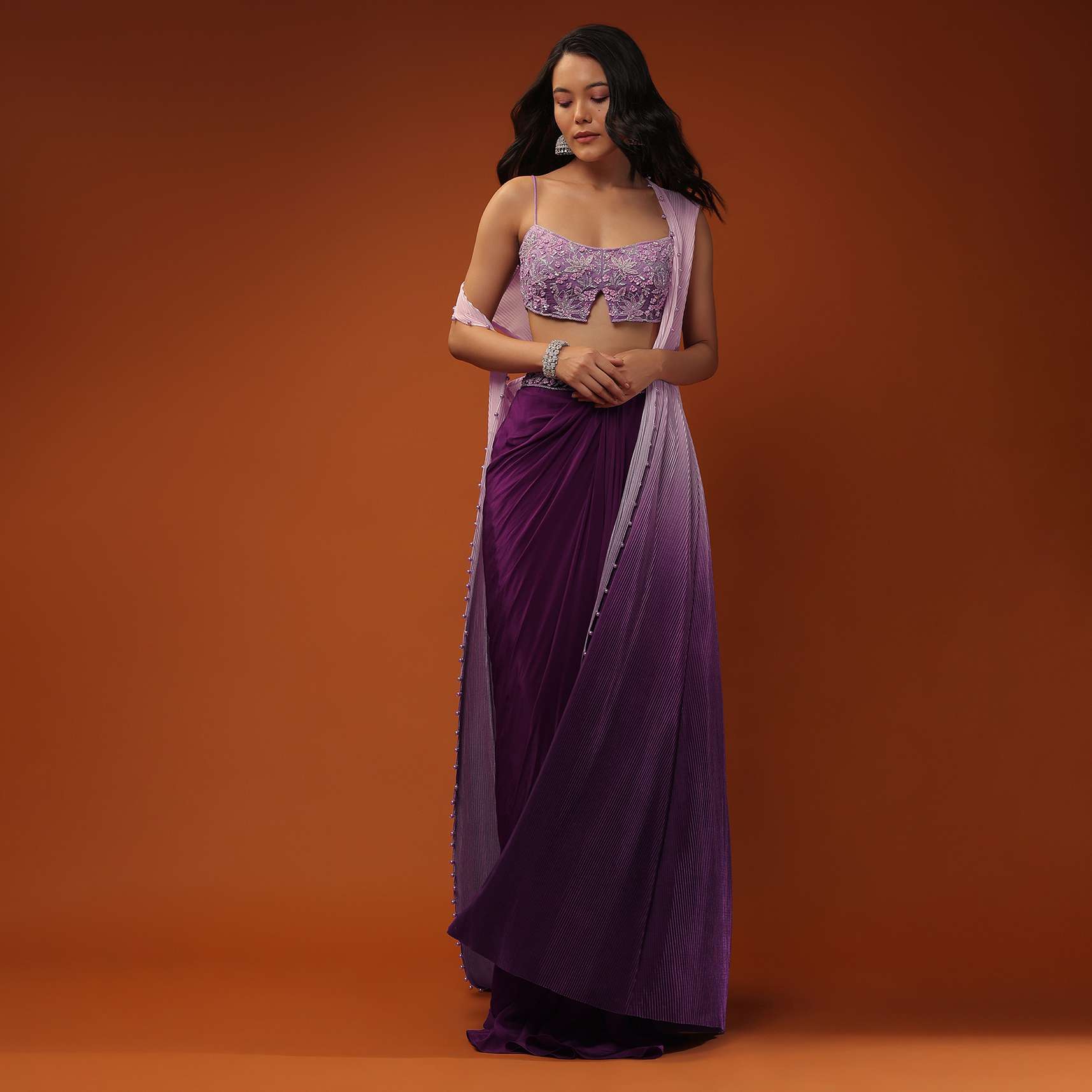 Imperial Purple Dhoti Skirt And A Crop Top In Sequins Embroidery, Paired With A Ombre Extended Jacket In Sleeveless - Image 2