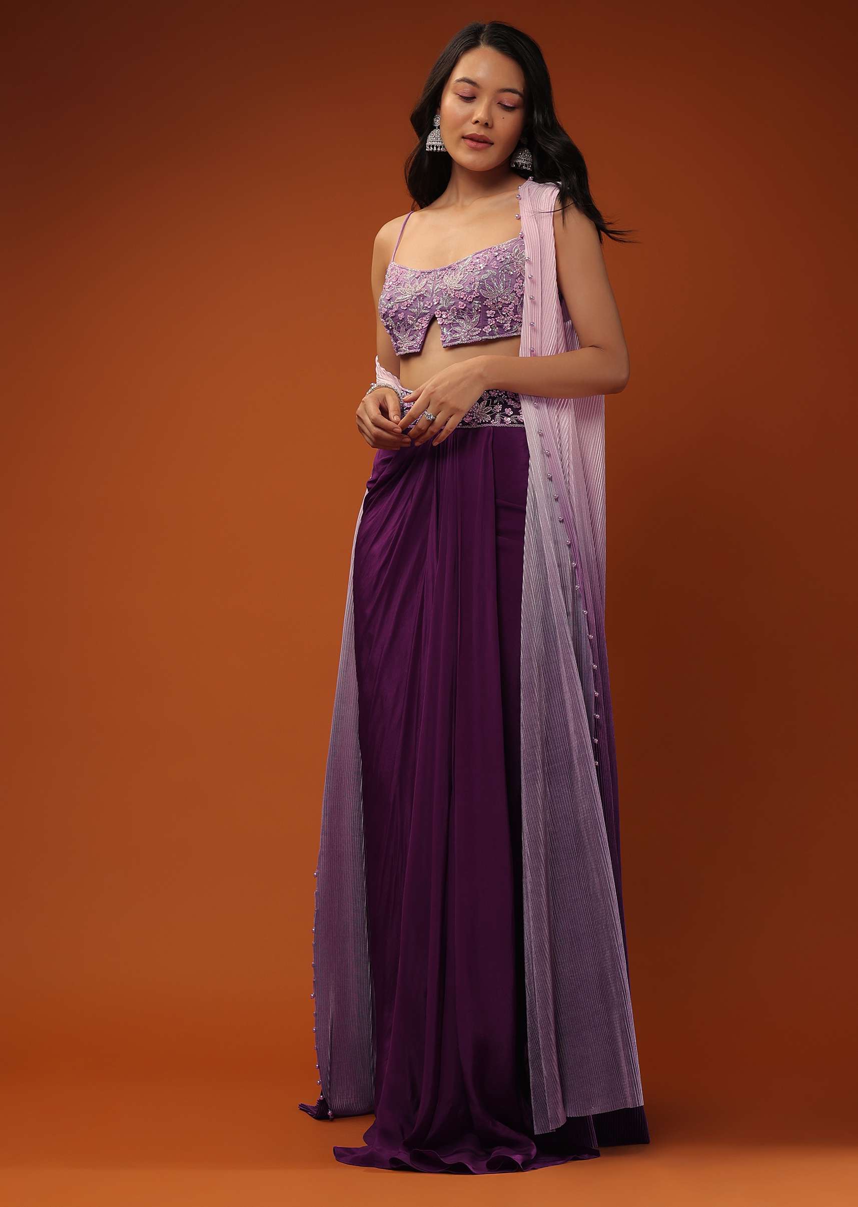 Imperial Purple Dhoti Skirt And A Crop Top In Sequins Embroidery, Paired With A Ombre Extended Jacket In Sleeveless - Image 3