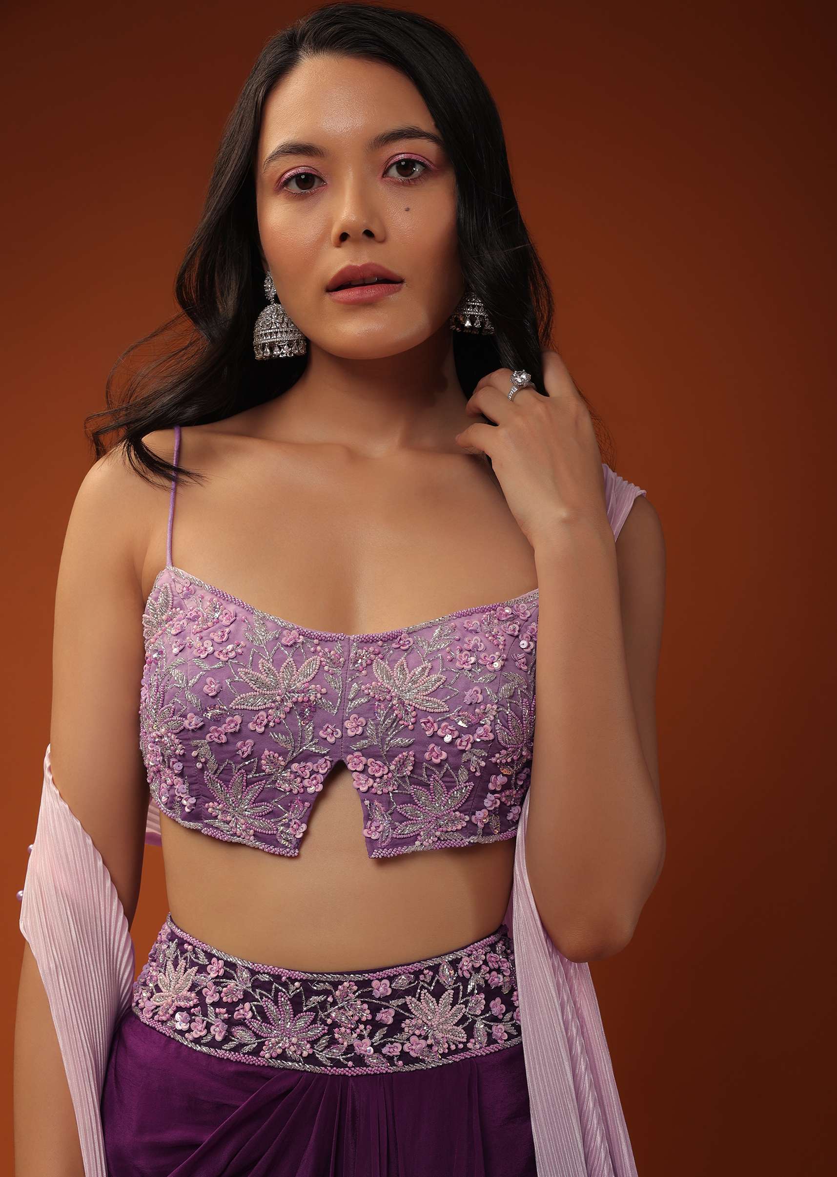 Imperial Purple Dhoti Skirt And A Crop Top In Sequins Embroidery, Paired With A Ombre Extended Jacket In Sleeveless - Image 4