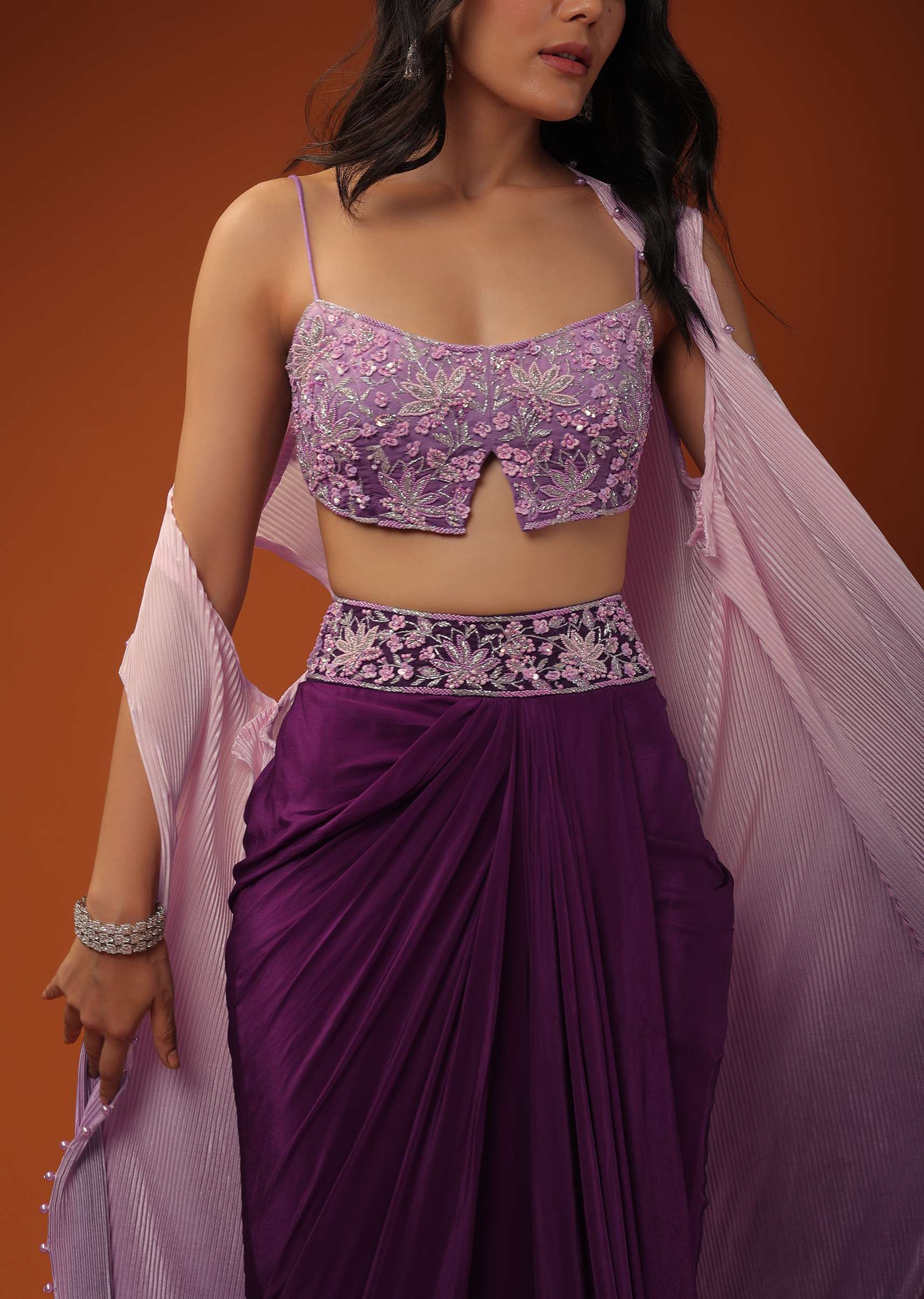 Imperial Purple Dhoti Skirt And A Crop Top In Sequins Embroidery, Paired With A Ombre Extended Jacket In Sleeveless - Image 5