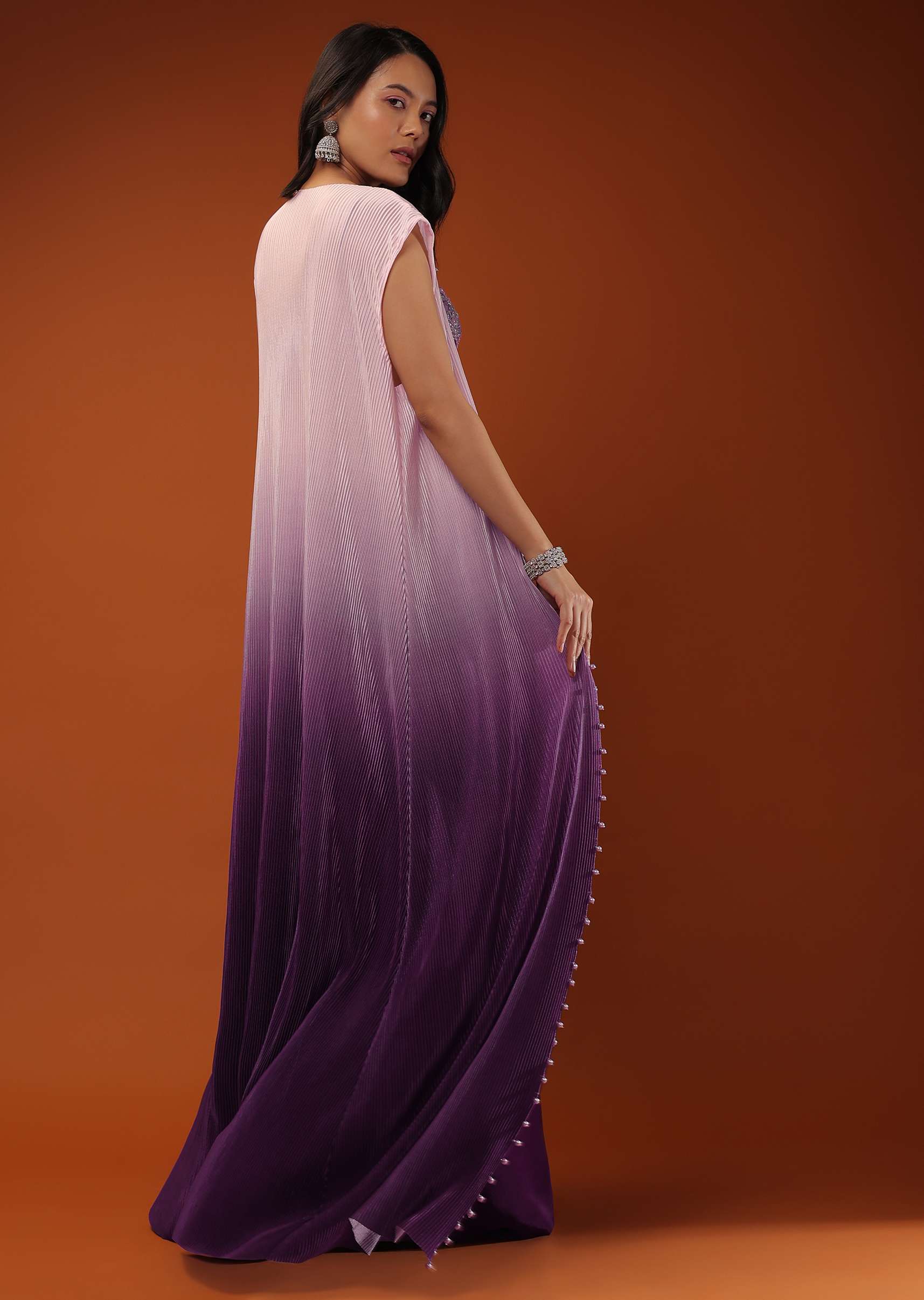 Imperial Purple Dhoti Skirt And A Crop Top In Sequins Embroidery, Paired With A Ombre Extended Jacket In Sleeveless - Image 6