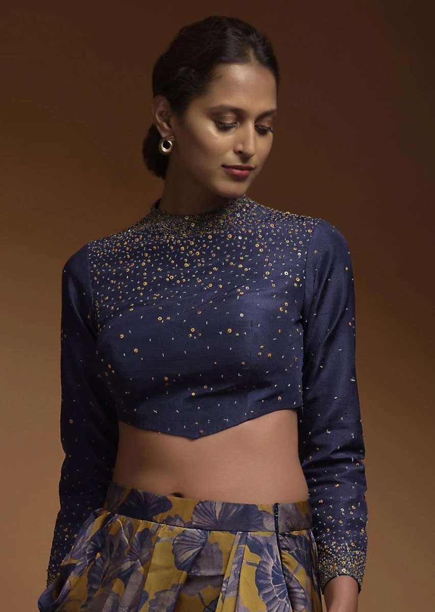 Indigo Crop Top In Silk Blend With Sequins And Beads Work In Gradient Pattern And Full Sleeves - Image 9