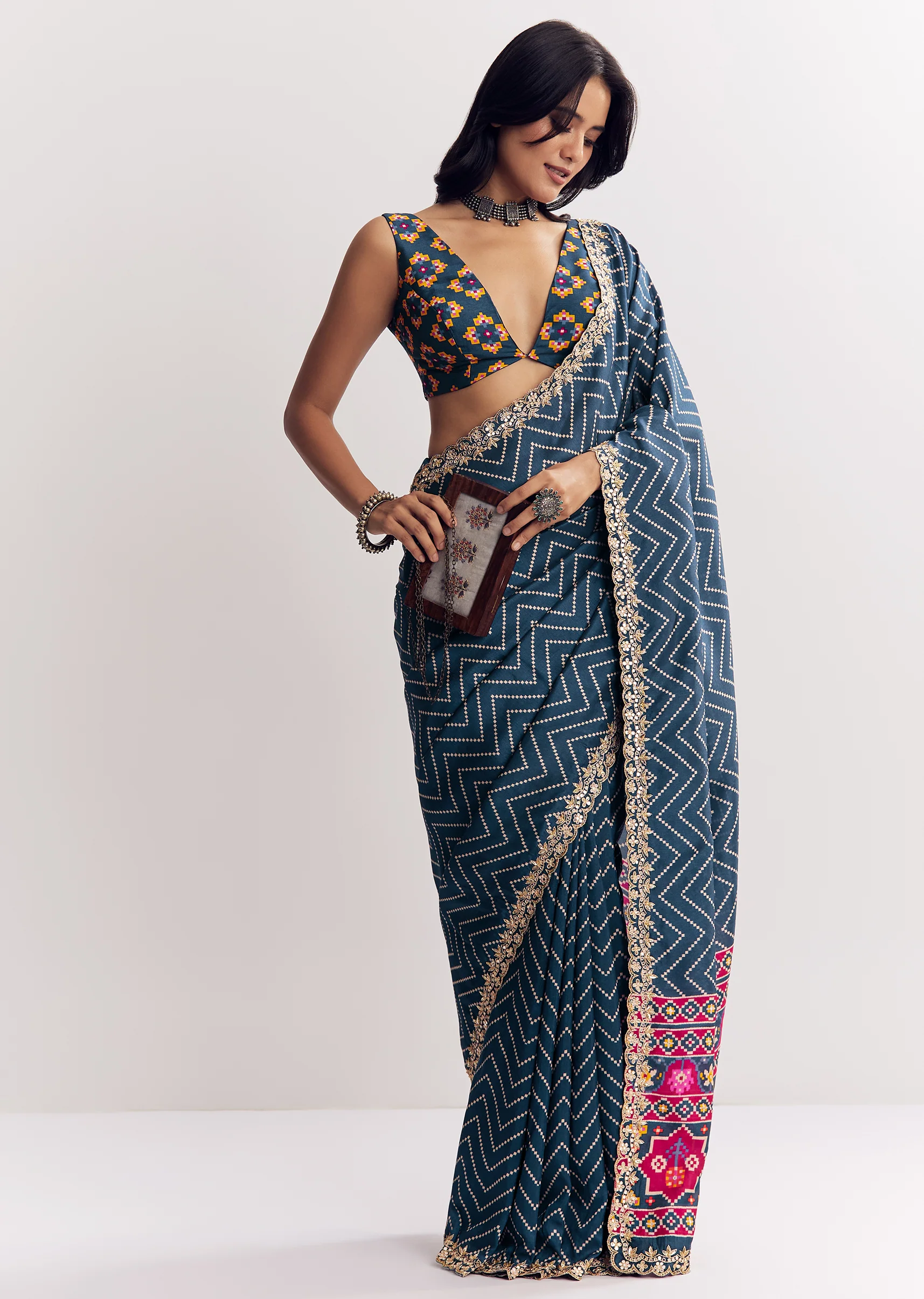 Indigo Heritage Couple Set – Navy Blue Ajrakh Saree For Her And Indigo Ajrakh Kurta Set For Him - Image 3