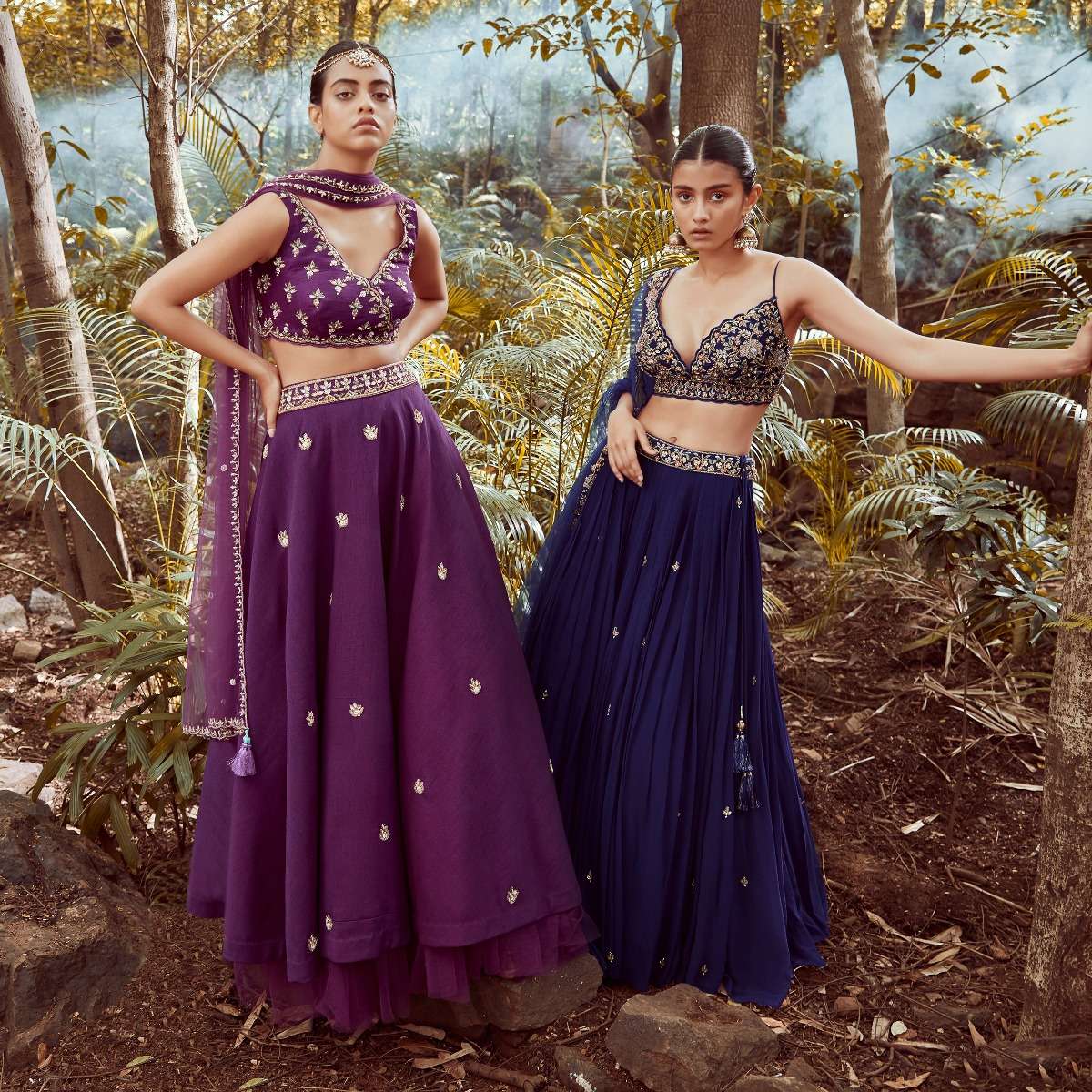 Irish Purple Lehenga Choli In Raw Silk With Cut Dana And Beads Embroidered Floral Buttis And Overlapping V Neckline - Image 2