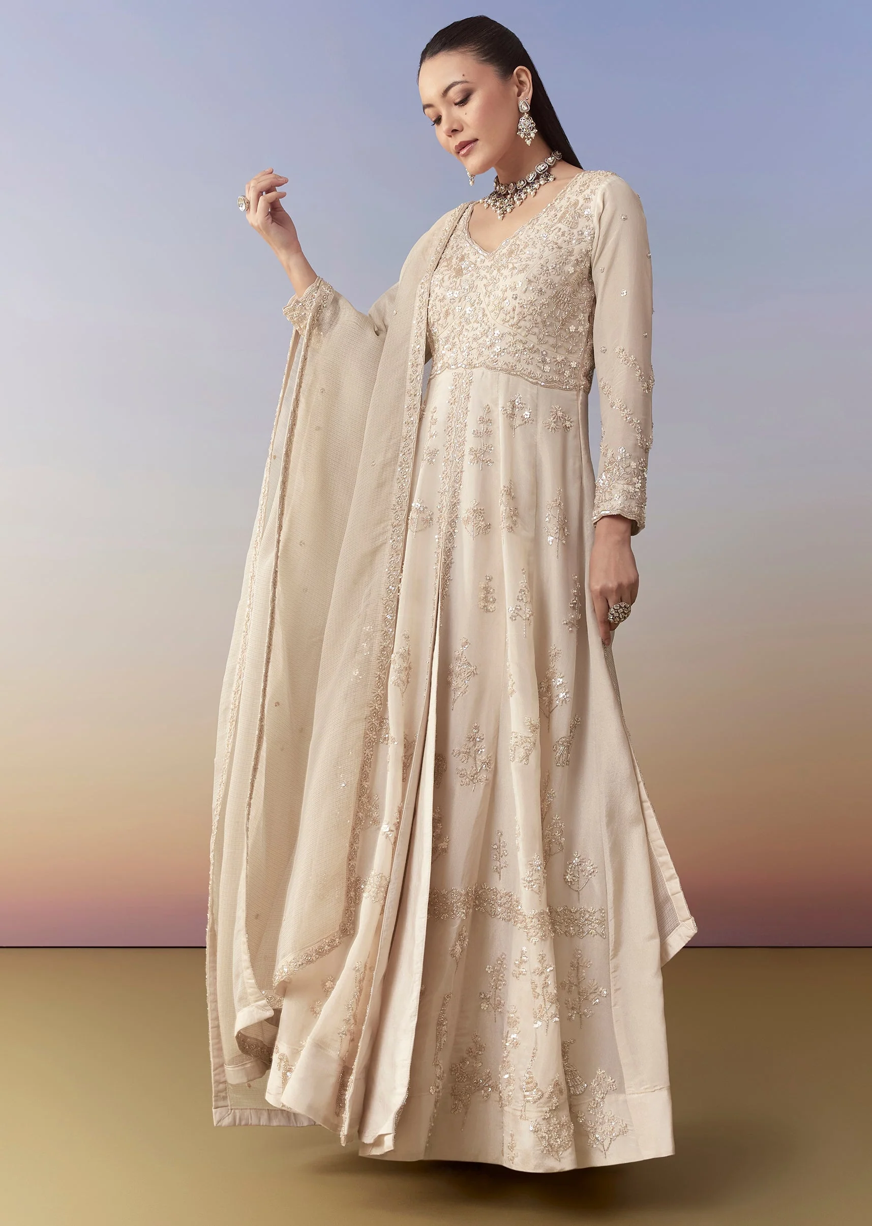 Ivory Anarkali Set with Cutdana Work - Image 3