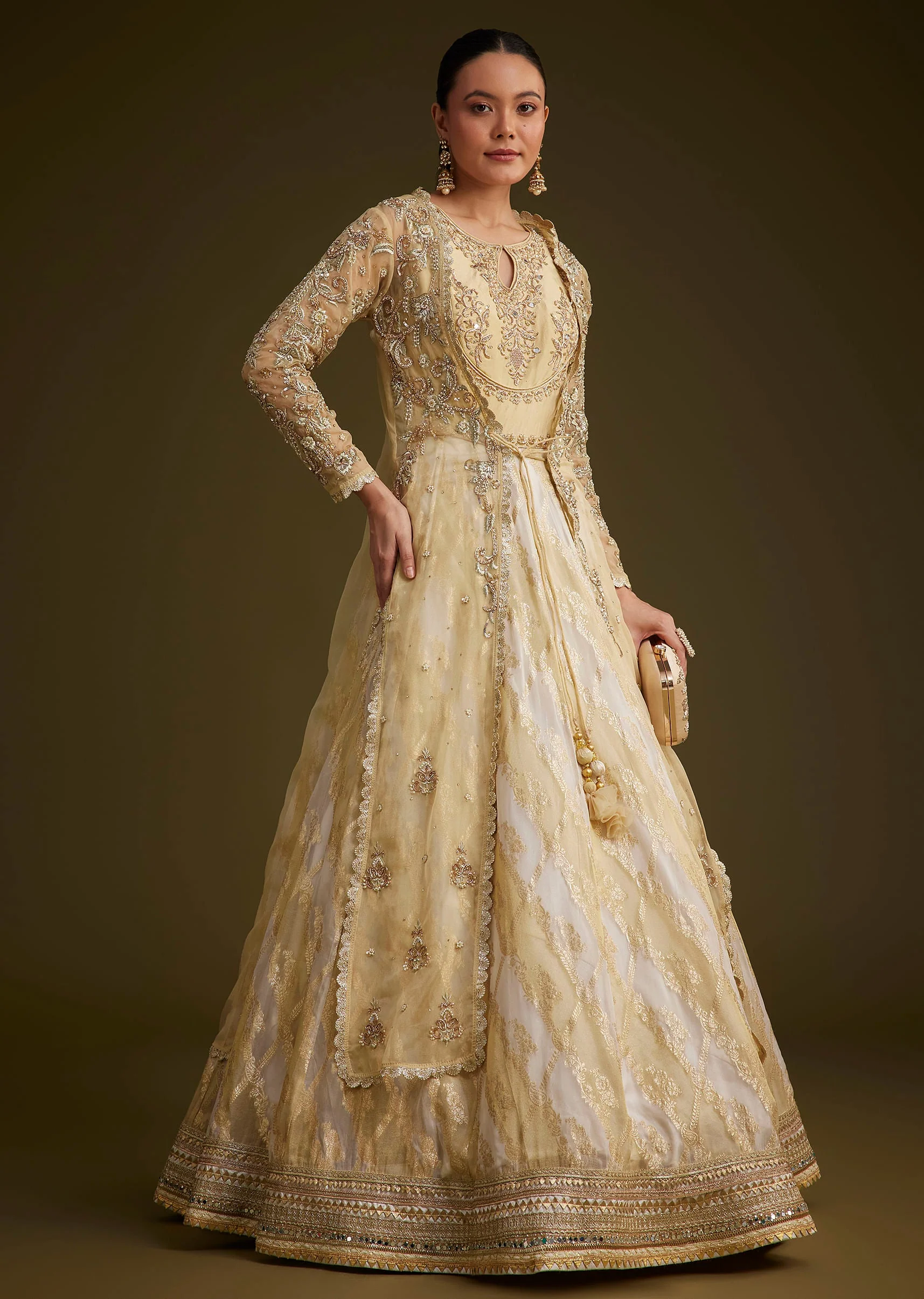 Ivory And Gold Banarasi Silk Anarkali With Embroidered Jacket And Dupatta - Image 3