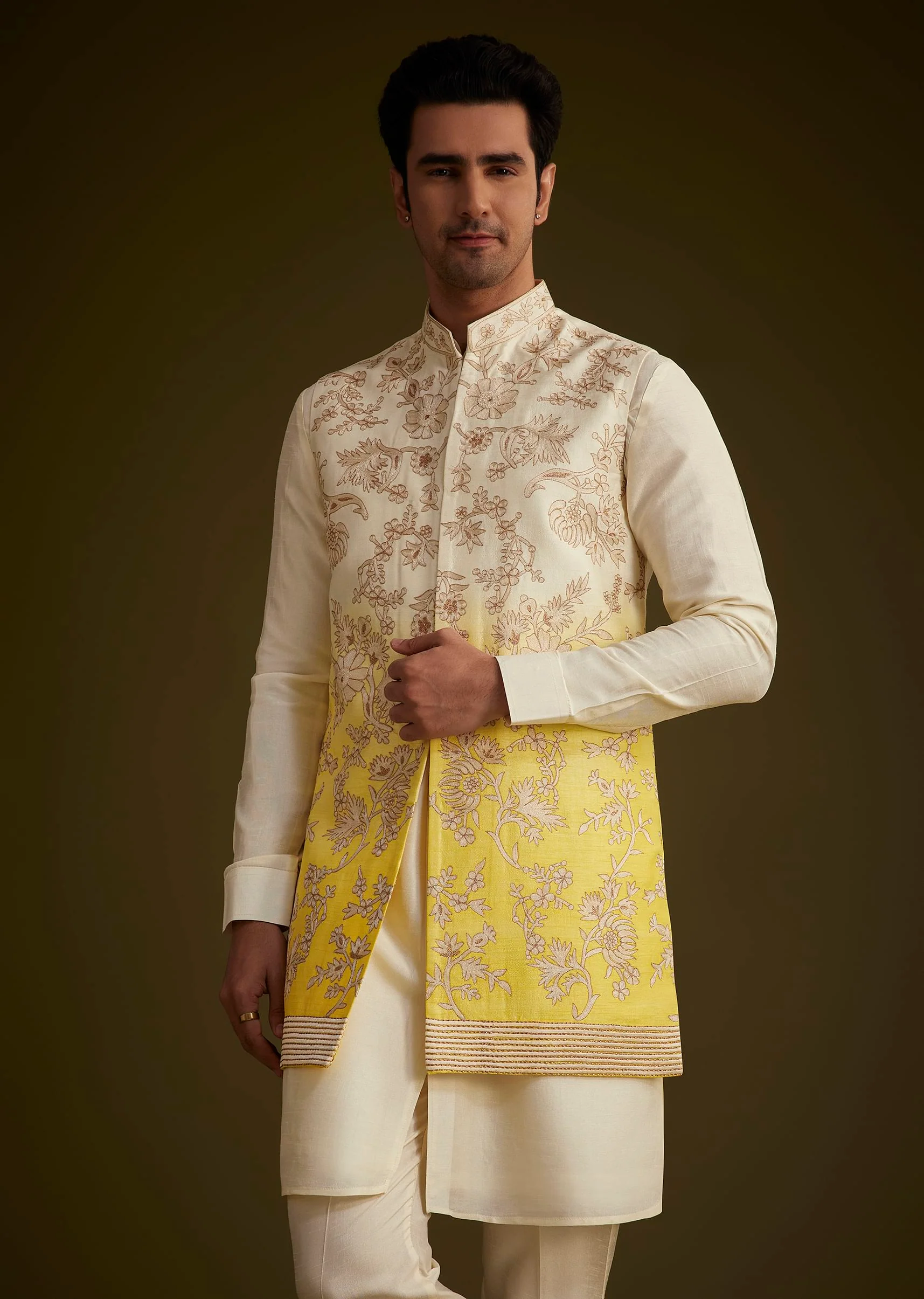 Ivory And Yellow Ombre Silk Jacket Set With Zari Work - Image 2