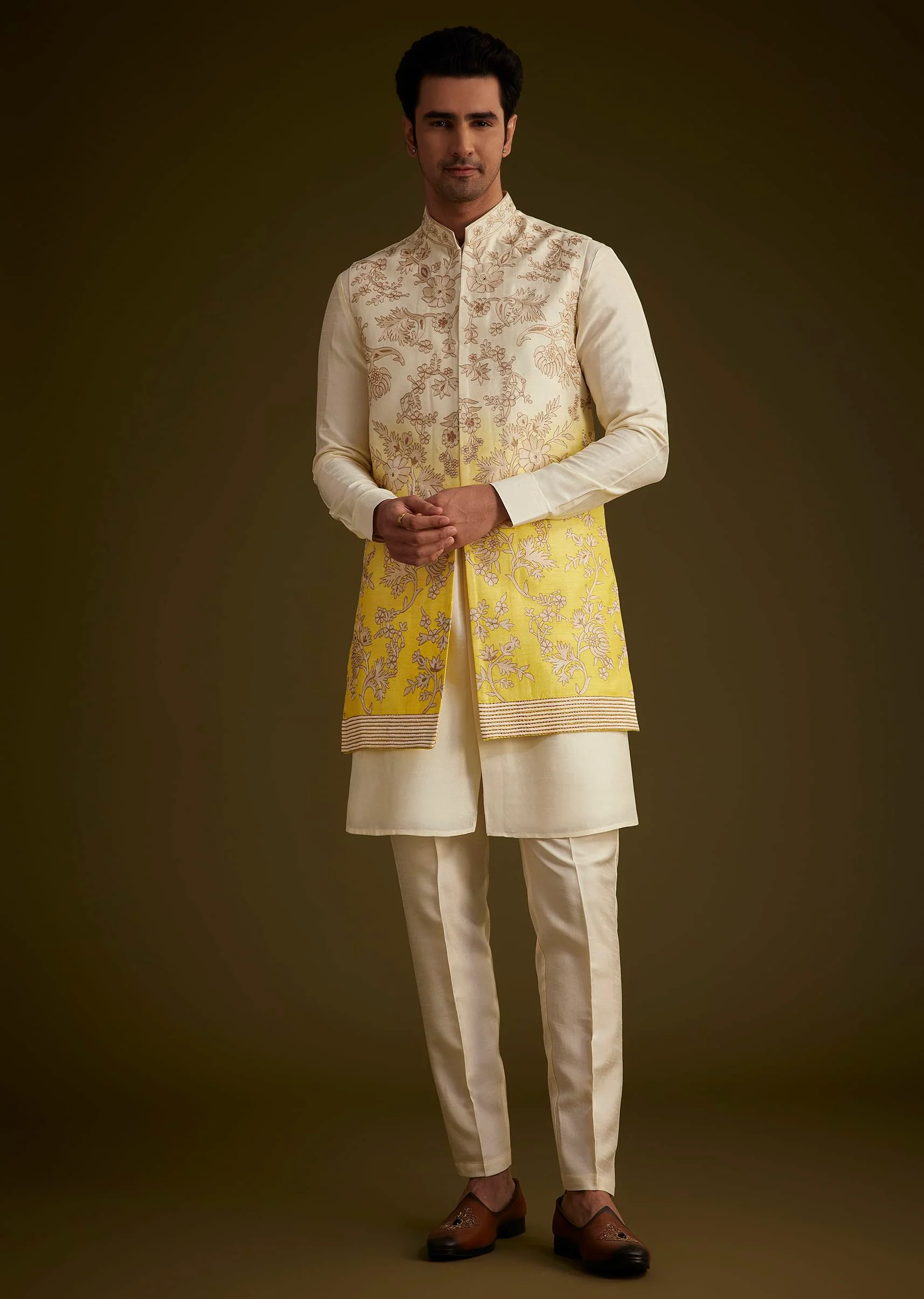 Ivory And Yellow Ombre Silk Jacket Set With Zari Work - Image 3