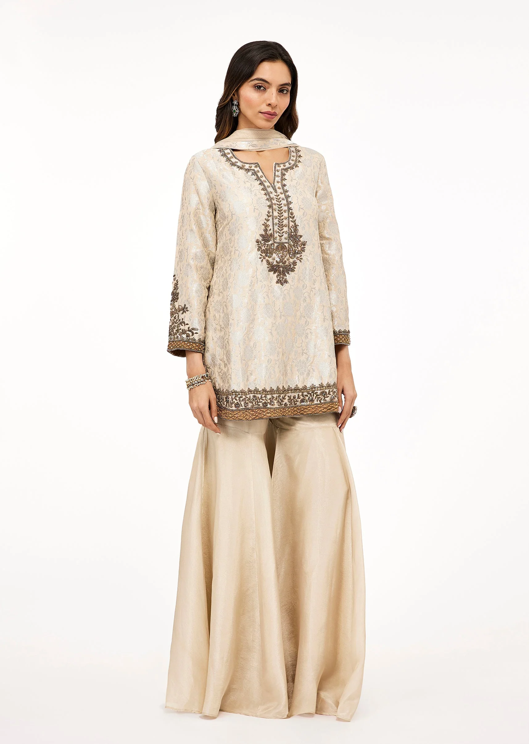 Ivory Brocade Embroidered Sharara Set With Zardosi Work - Image 6