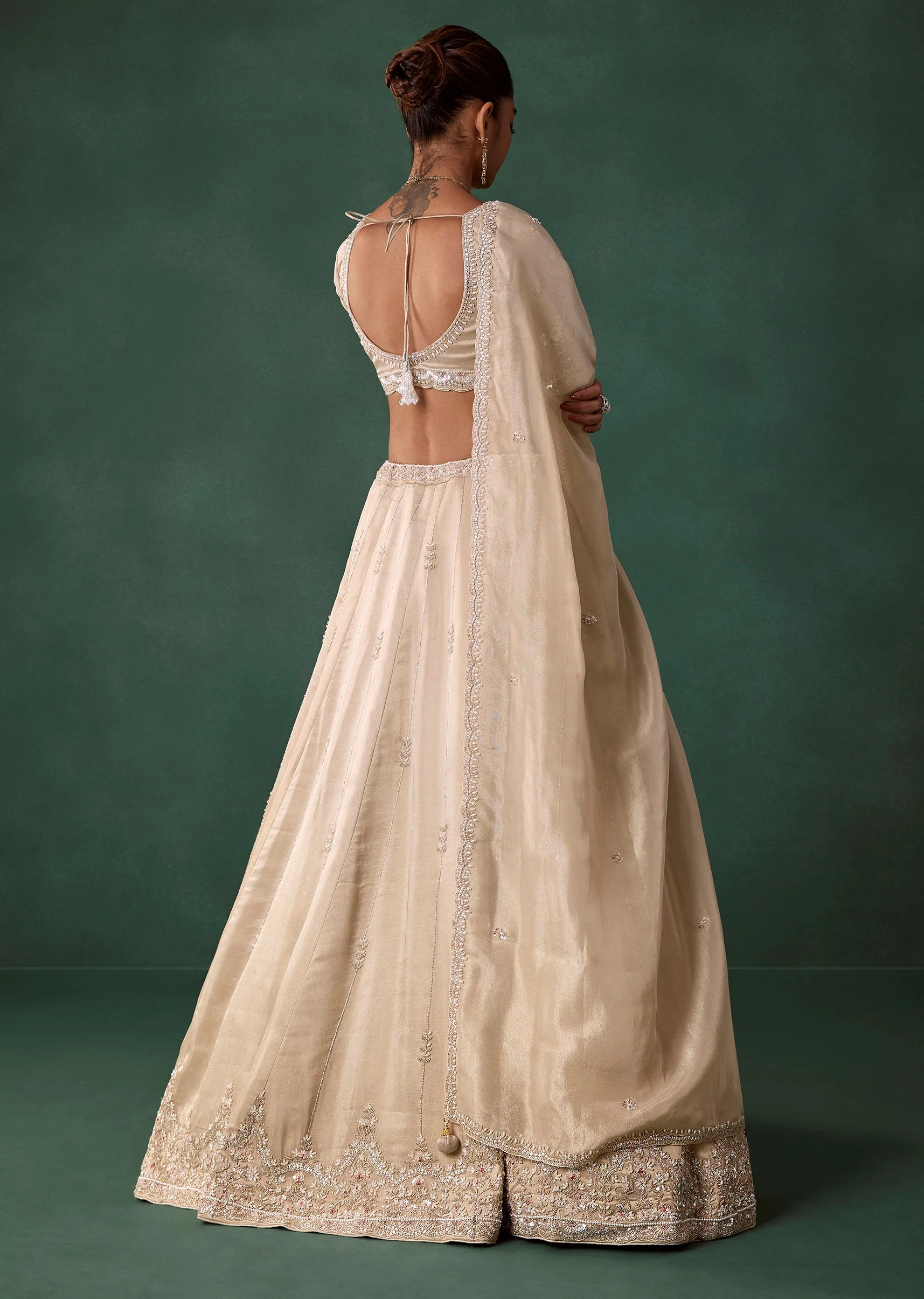 Ivory Butti Embroidered Georgette Bridal Lehenga Set - Image 2