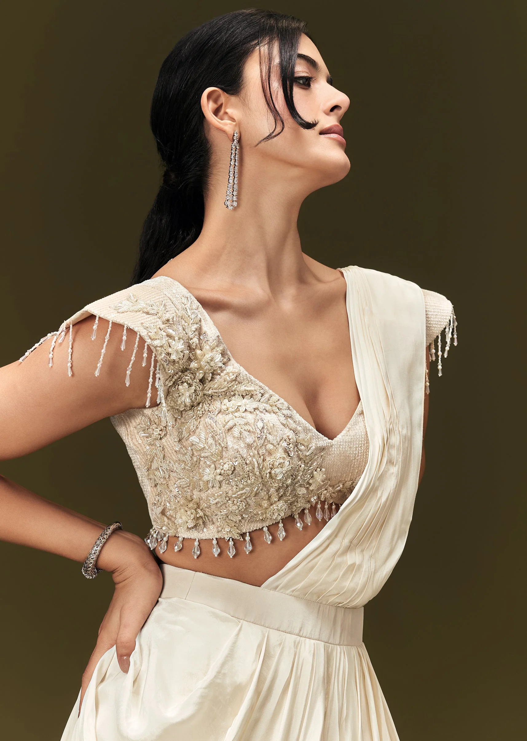 Ivory Crepe Pre Draped Saree With Zardosi And 3D Flower Motifs - Image 2