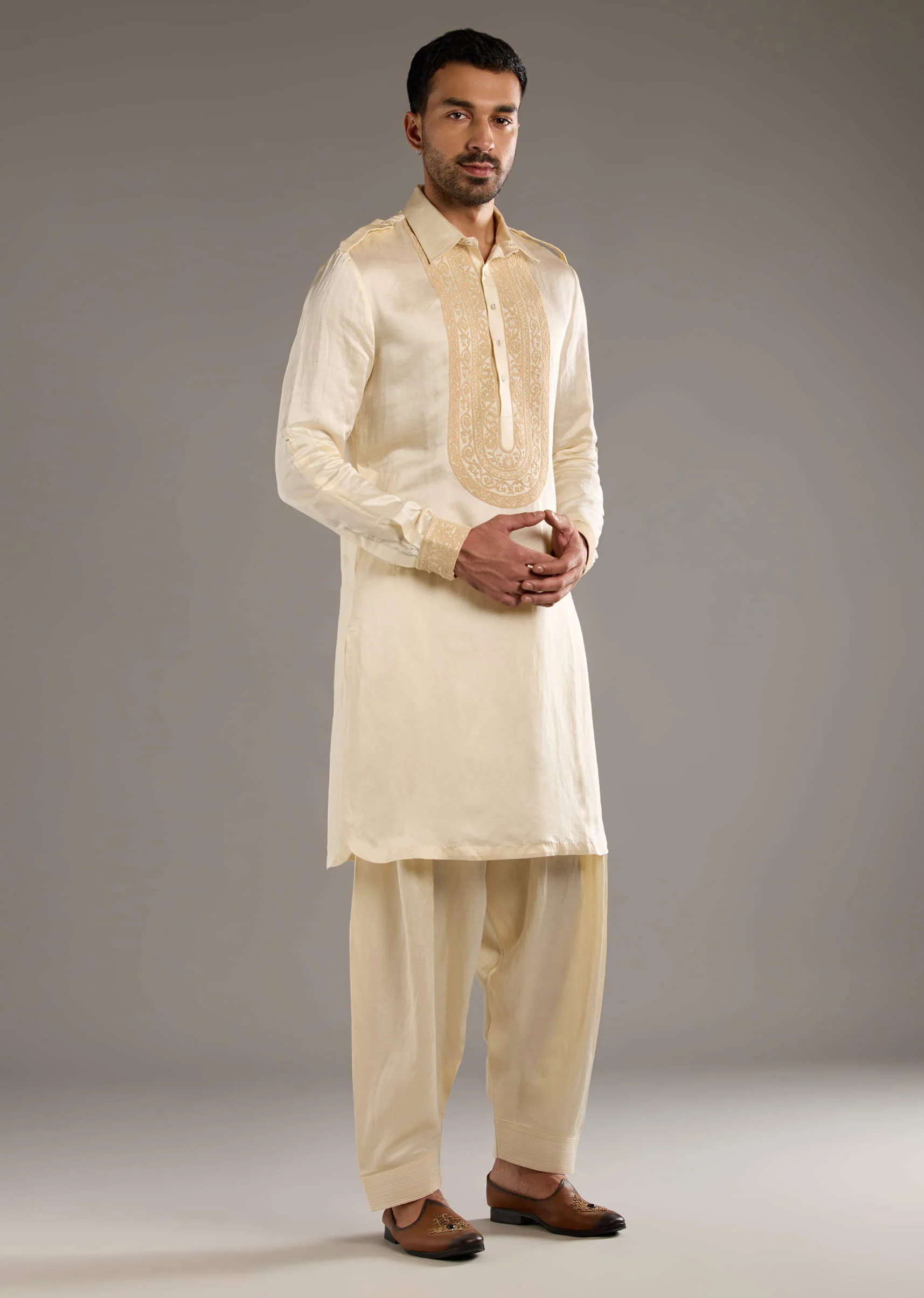 Ivory Linen Satin Kurta Set For Men With Dori Work