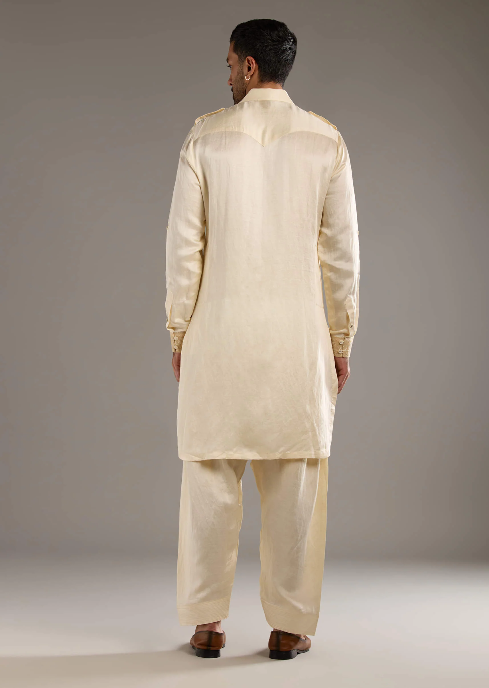 Ivory Linen Satin Kurta Set For Men With Dori Work - Image 5
