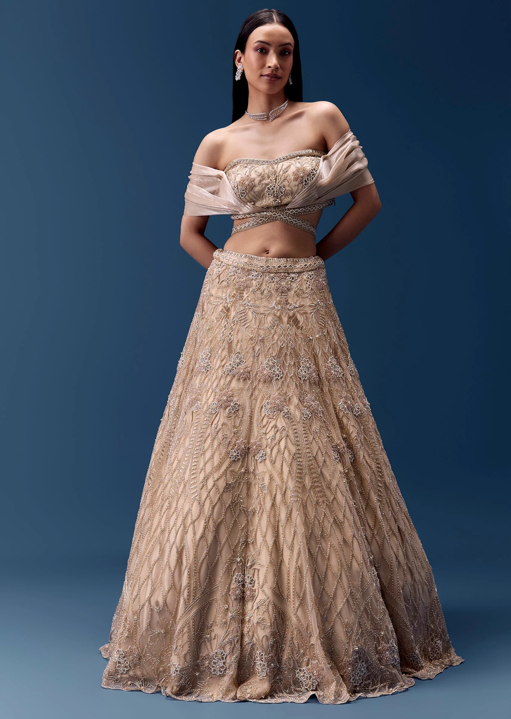 Ivory Off Shoulder Draped Blouse with Embellished Lehenga - Image 4