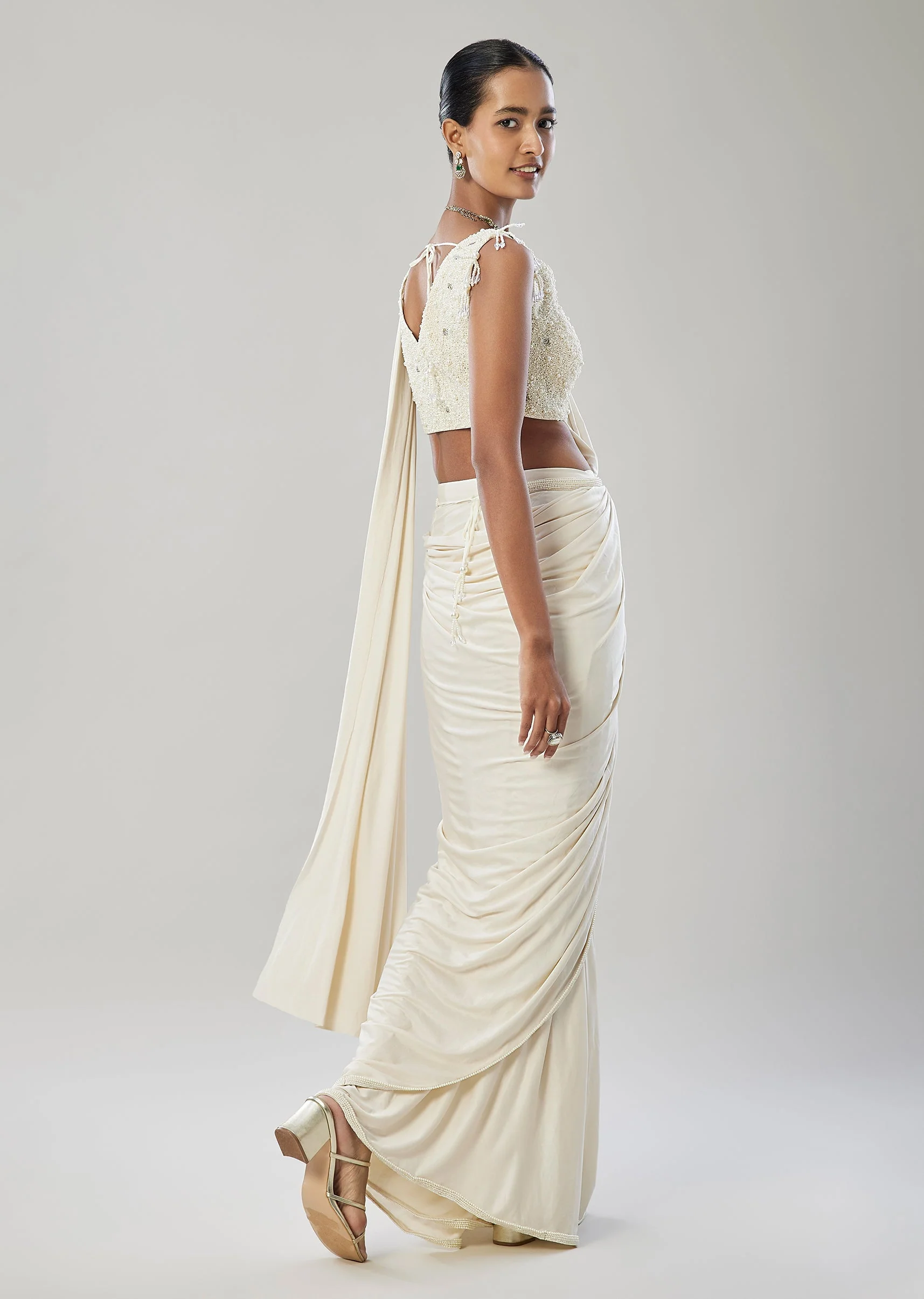 Ivory Ready Pleated Saree With Belt And Moti Work On Blouse - Image 5