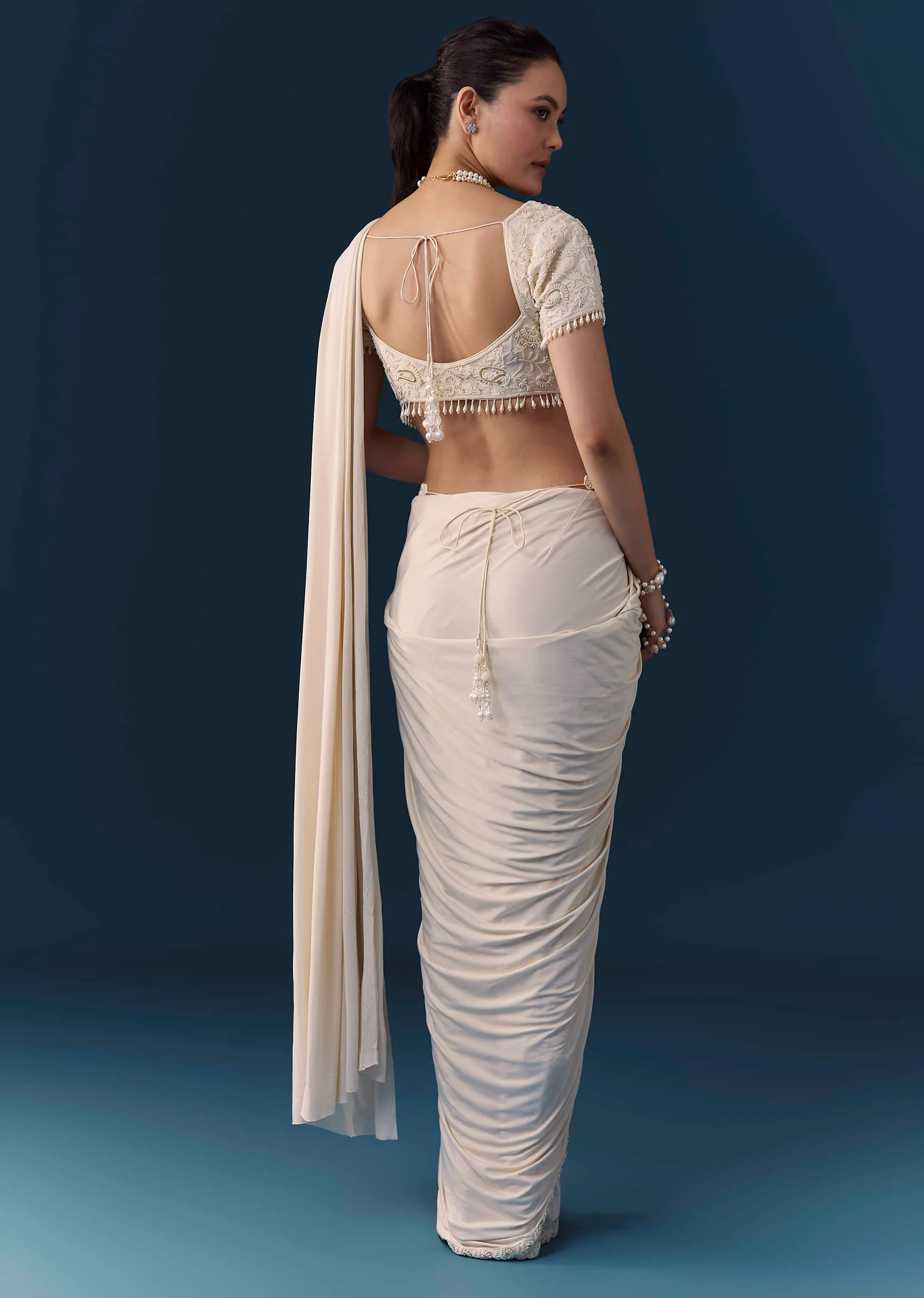 Ivory Ready Pre Pleated Saree with Moti Work Blouse - Image 5