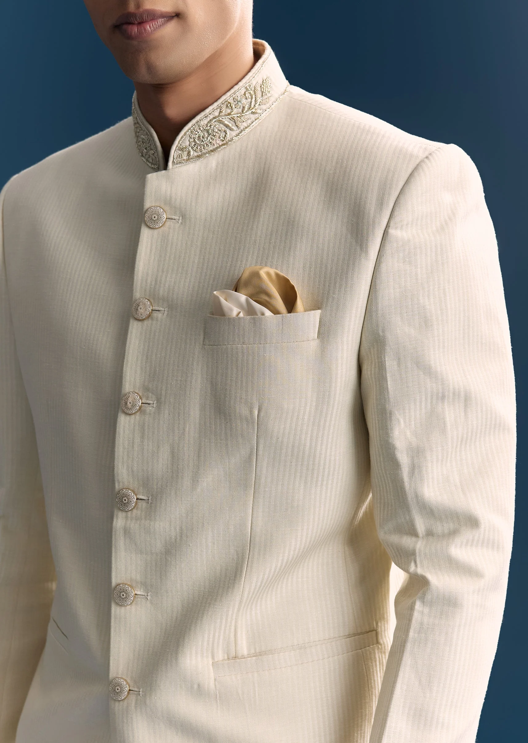 Ivory Regal Duo – Embroidered Lehenga For Her And Jacquard Jodhpuri Suit For Him - Image 6