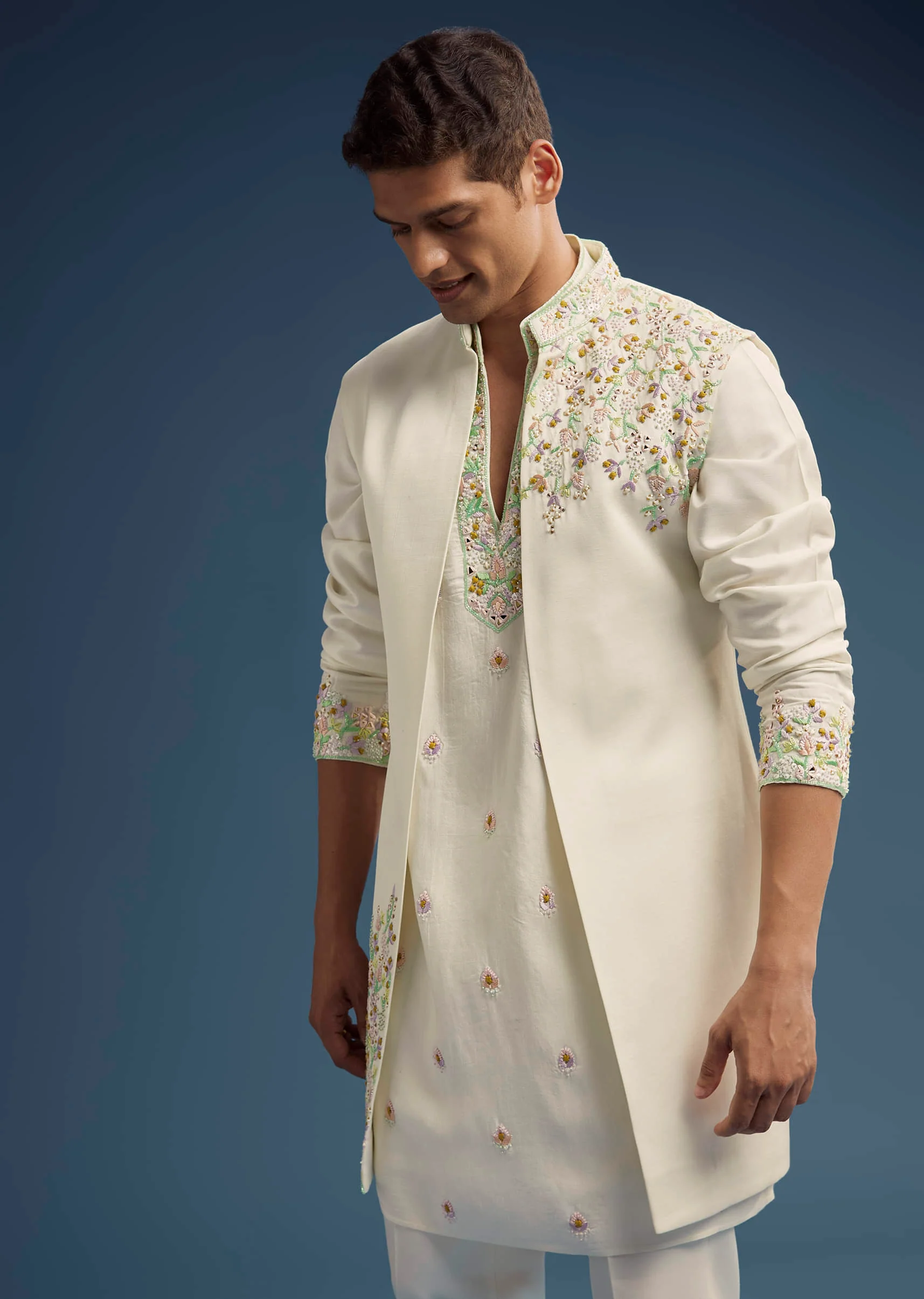 Ivory Silk Kurta Jacket Set For Men With Zardosi Work - Image 3