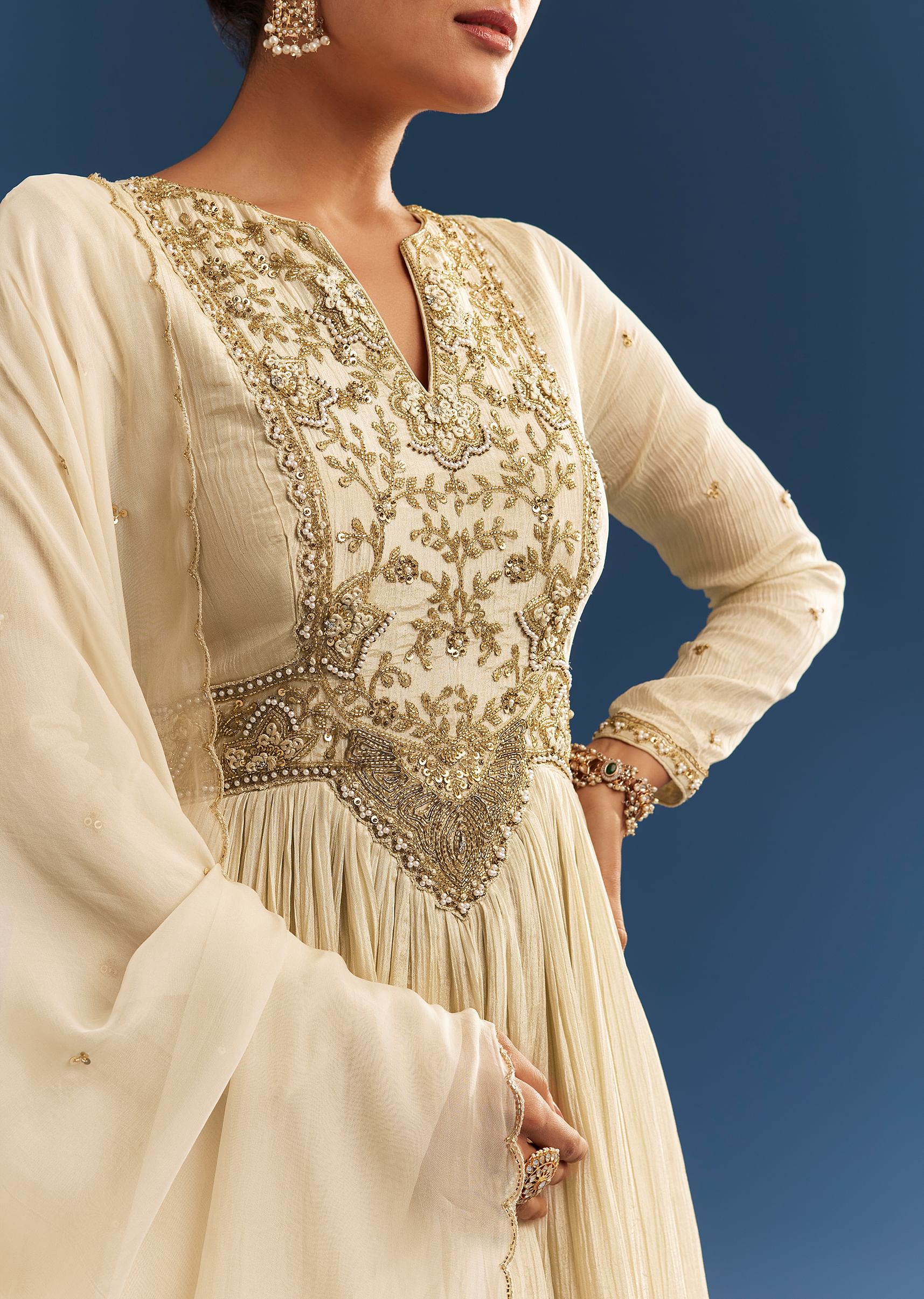 Ivory Tissue Anarkali Set With Tie-Up Back And Organza Dupatta - Image 4