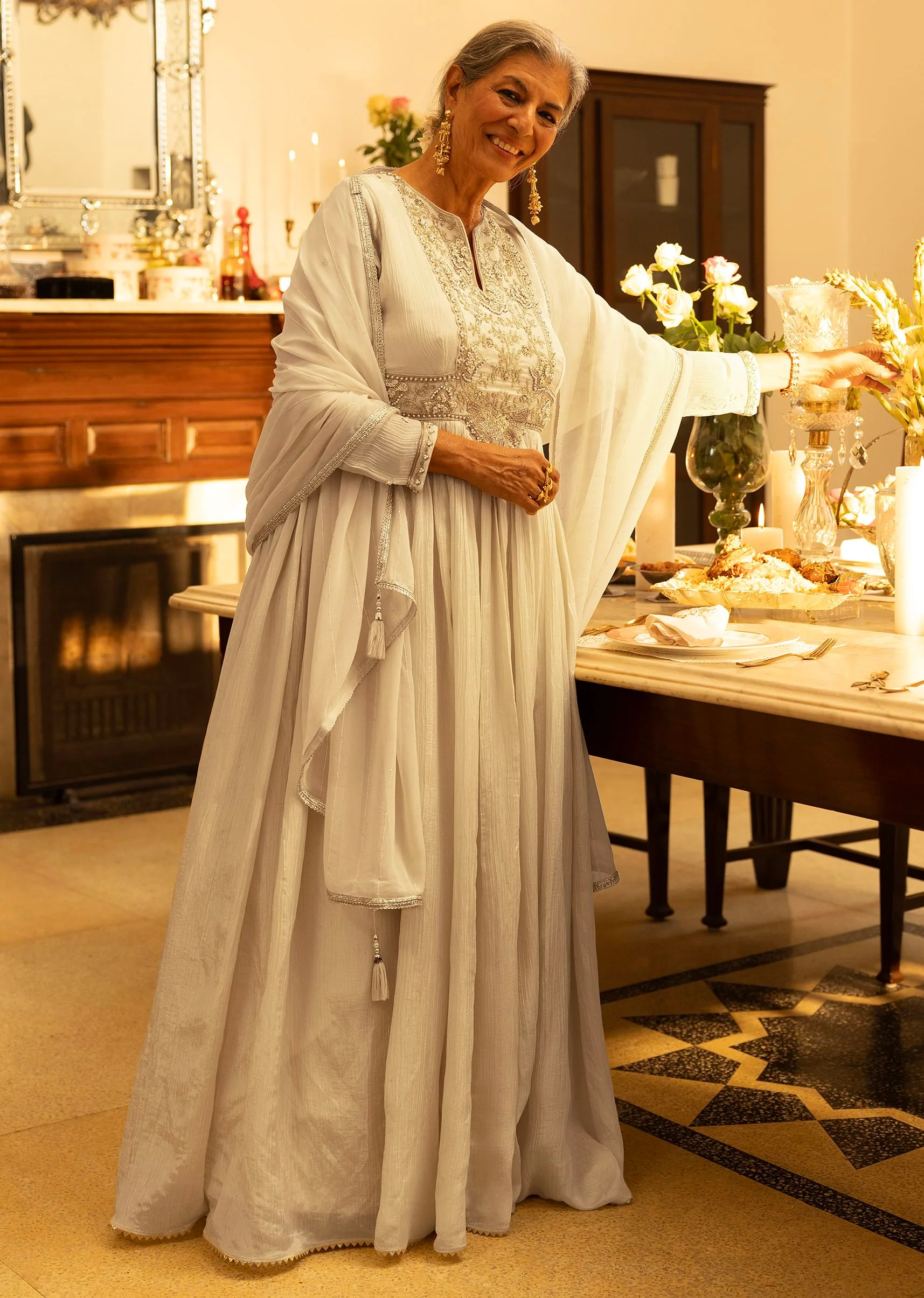 Ivory Tissue Anarkali Set With Tie-Up Back And Organza Dupatta - Image 6