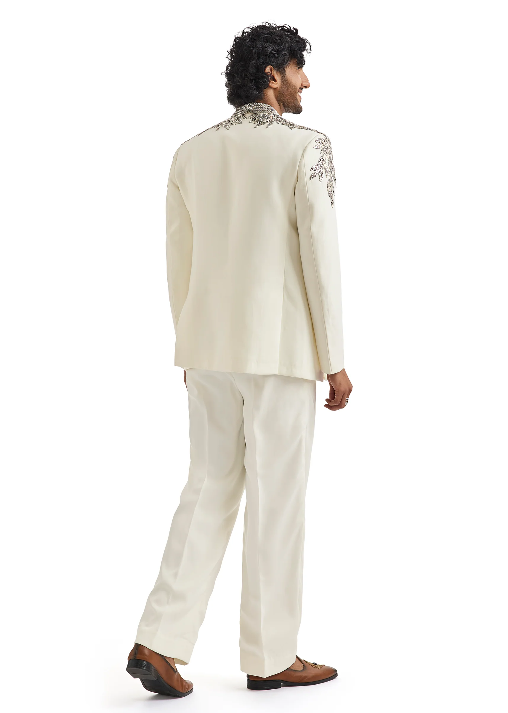 Ivory Tuxedo Set With Metallic Embroidered Blazer - Image 5