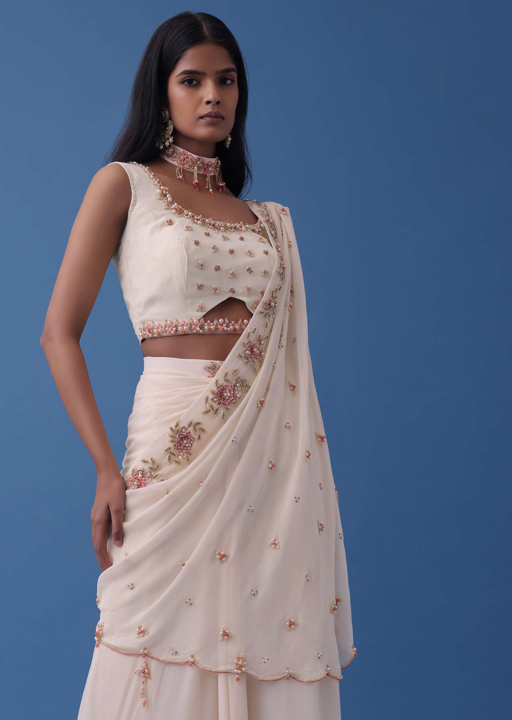 Ivory White Embroidered Indowestern Set With Pre-Draped Dupatta In Georgette - Image 4