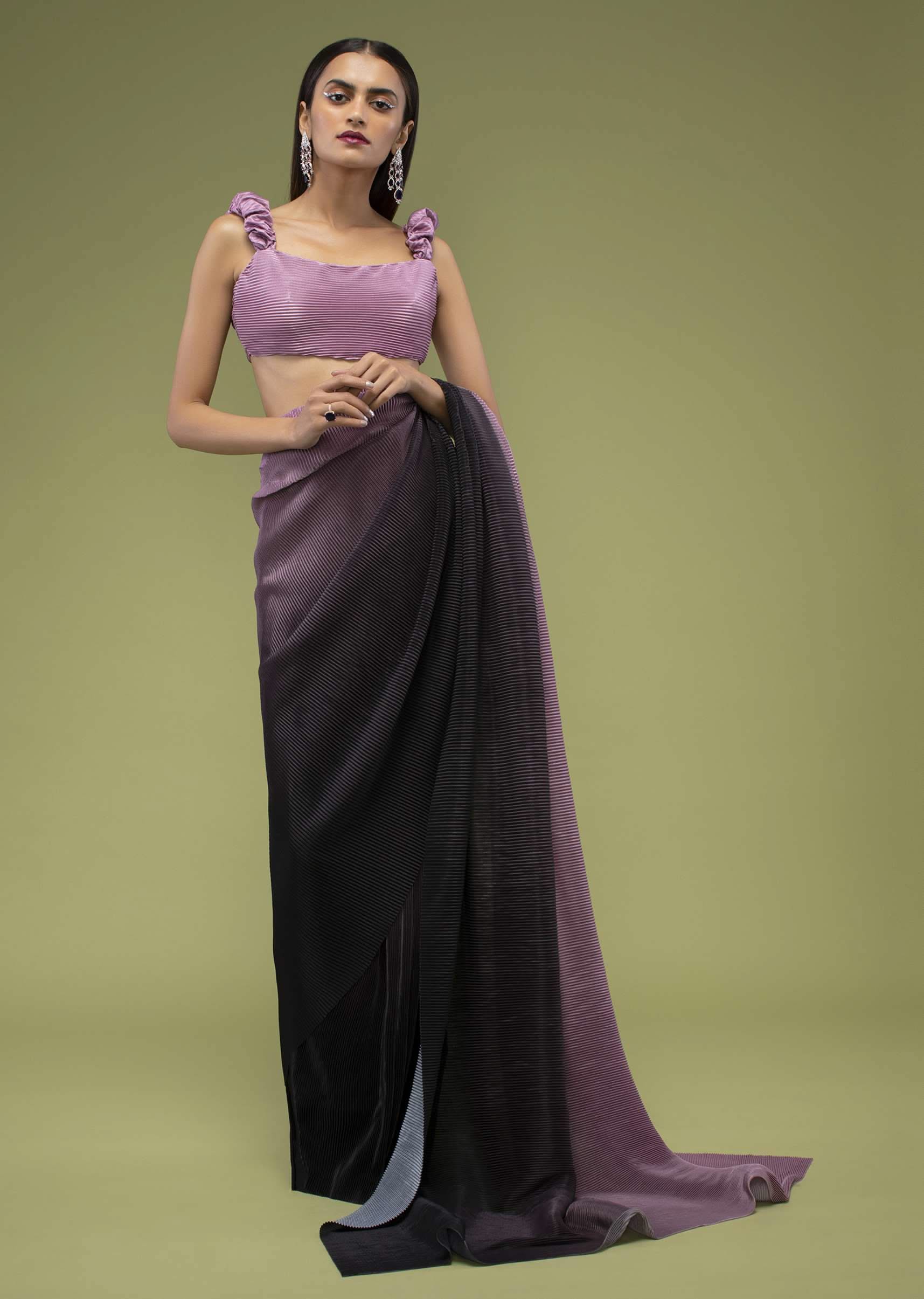 Java Plum Ombre Saree Crafted In Crush With A Fancy Blouse - Image 4