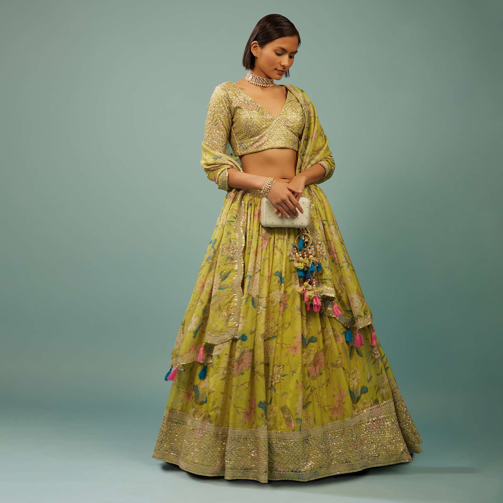 Lime Green Lehenga Choli Set In Organza With Print & Embroidery - Image 3
