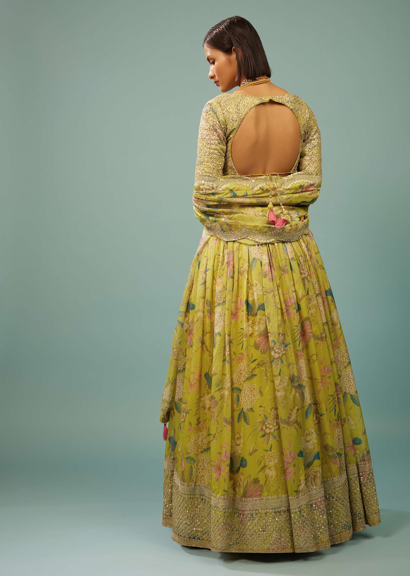 Lime Green Lehenga Choli Set In Organza With Print & Embroidery - Image 7
