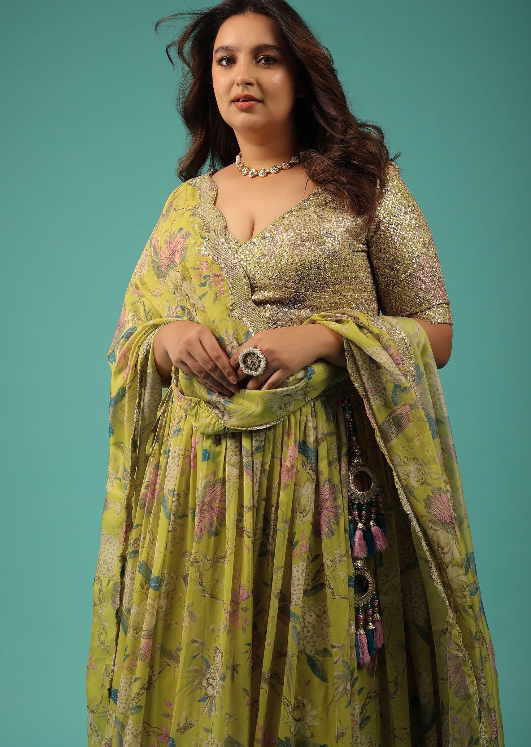 Lime Green Lehenga Choli Set In Organza With Print & Embroidery - Image 9
