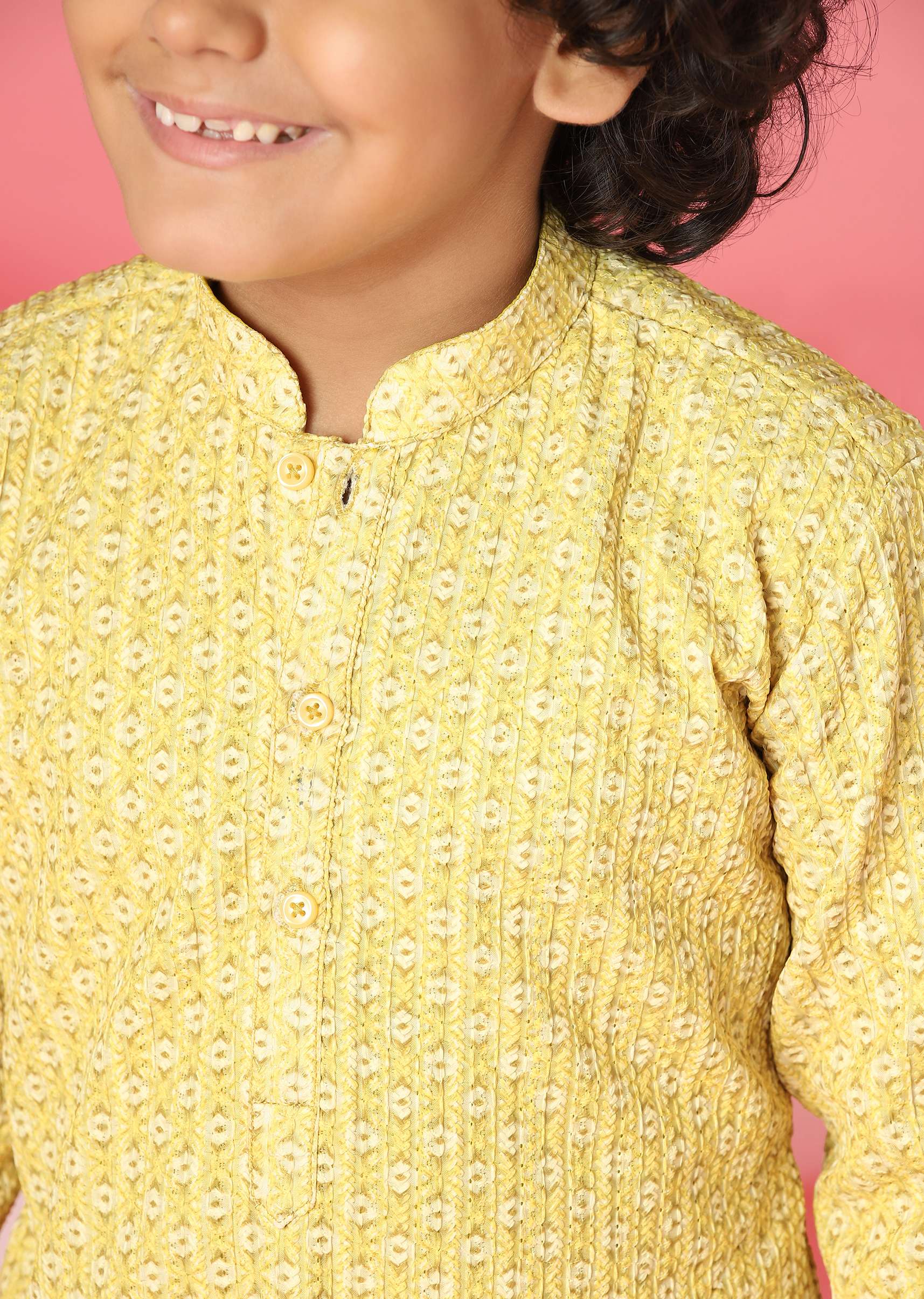 Kalki Blazing Yellow Kurta Set In Silk With Threadwork For Boys - Image 4