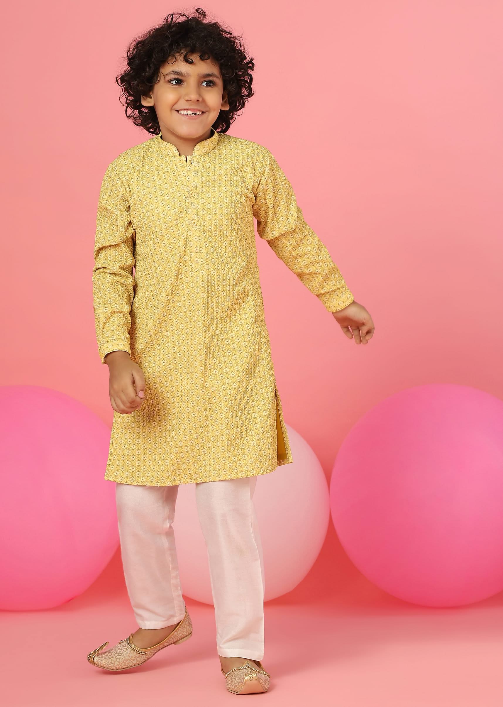 Kalki Blazing Yellow Kurta Set In Silk With Threadwork For Boys - Image 5