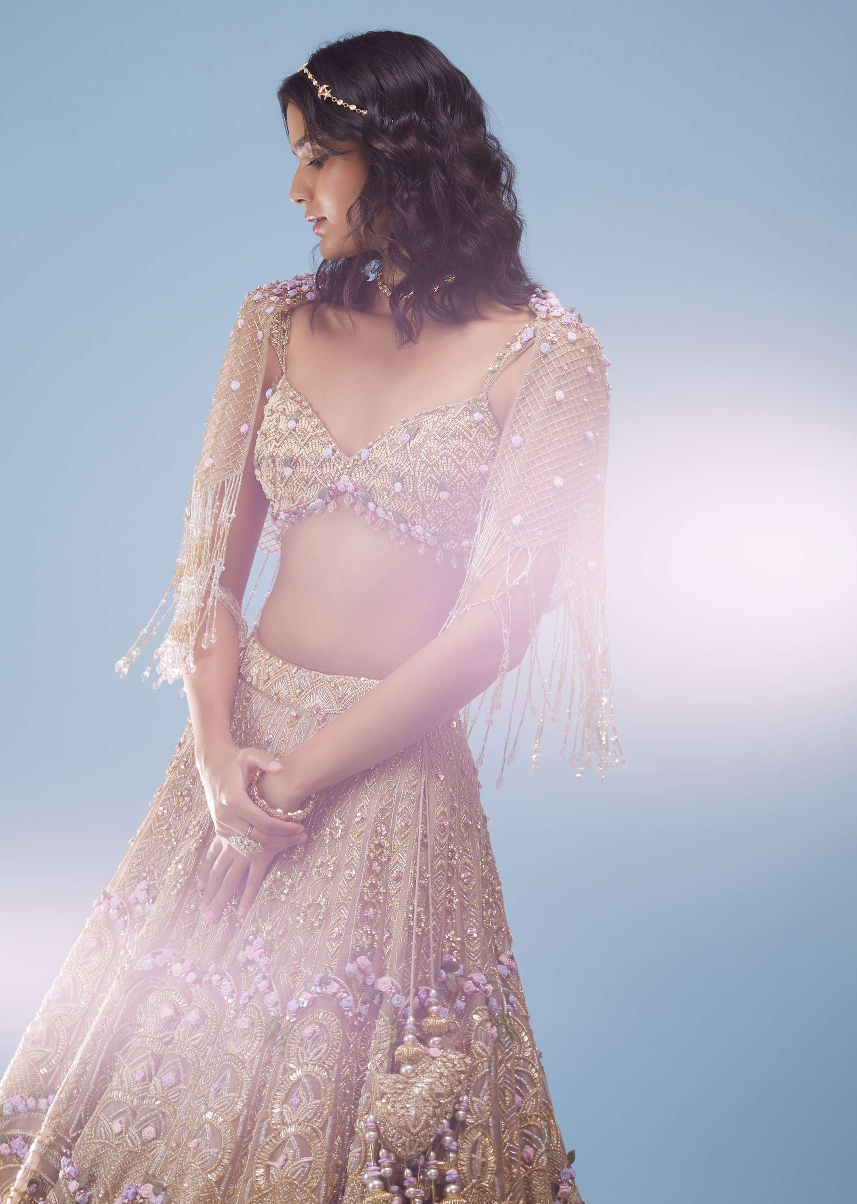 Bridal Naziaa Lehenga In Gold, Embroidered Shoulder Rest, And 3D Floral Embroidery - NOOR 2022 - Image 11