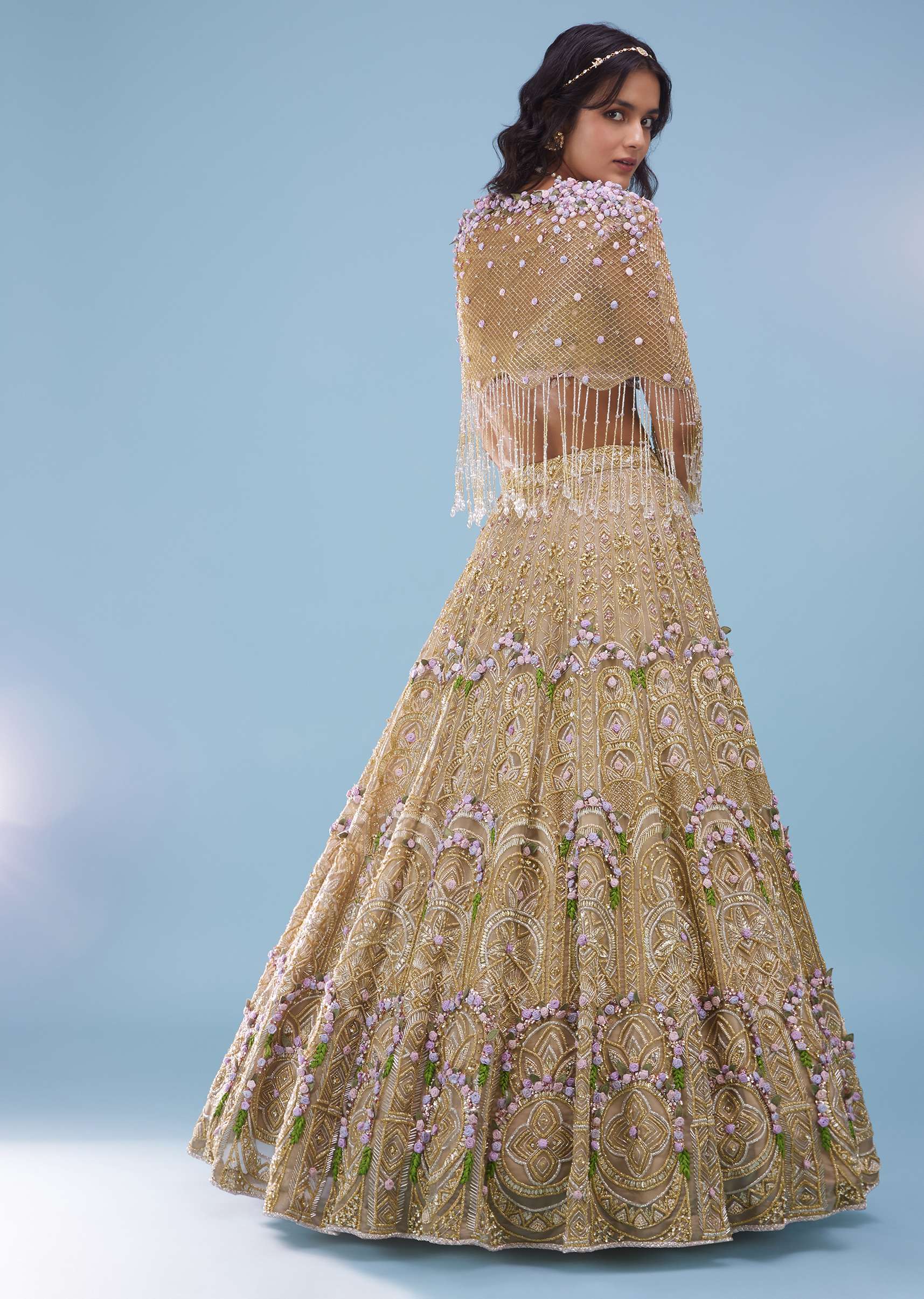 Bridal Naziaa Lehenga In Gold, Embroidered Shoulder Rest, And 3D Floral Embroidery - NOOR 2022 - Image 12