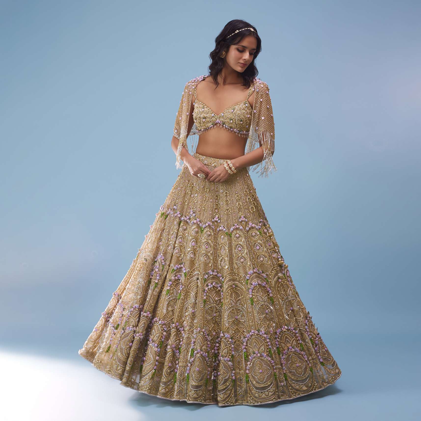Bridal Naziaa Lehenga In Gold, Embroidered Shoulder Rest, And 3D Floral Embroidery - NOOR 2022 - Image 2