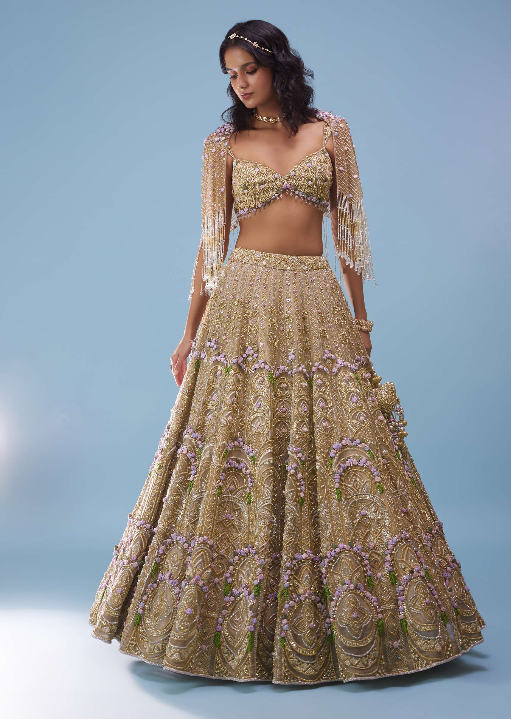 Bridal Naziaa Lehenga In Gold, Embroidered Shoulder Rest, And 3D Floral Embroidery - NOOR 2022 - Image 3