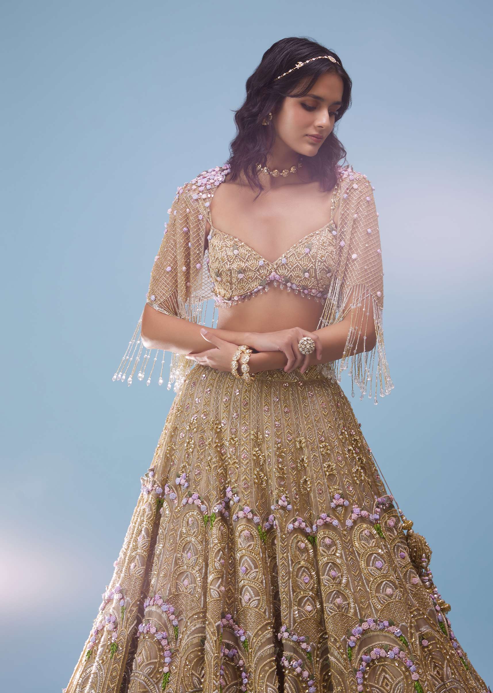 Bridal Naziaa Lehenga In Gold, Embroidered Shoulder Rest, And 3D Floral Embroidery - NOOR 2022 - Image 4