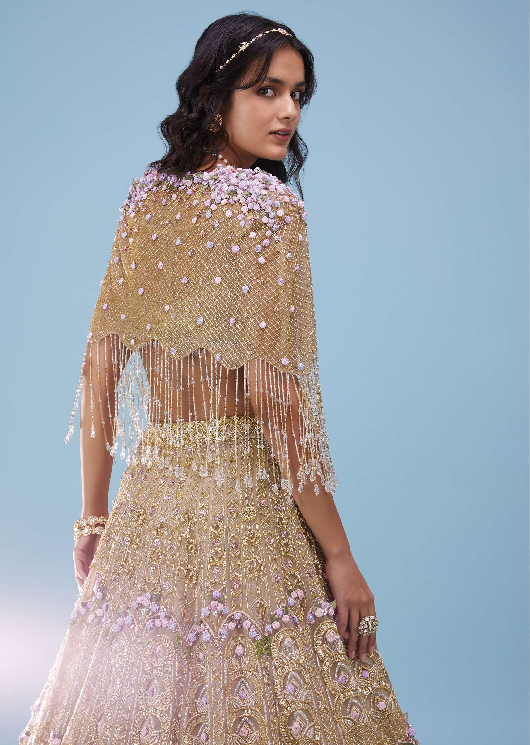 Bridal Naziaa Lehenga In Gold, Embroidered Shoulder Rest, And 3D Floral Embroidery - NOOR 2022 - Image 7