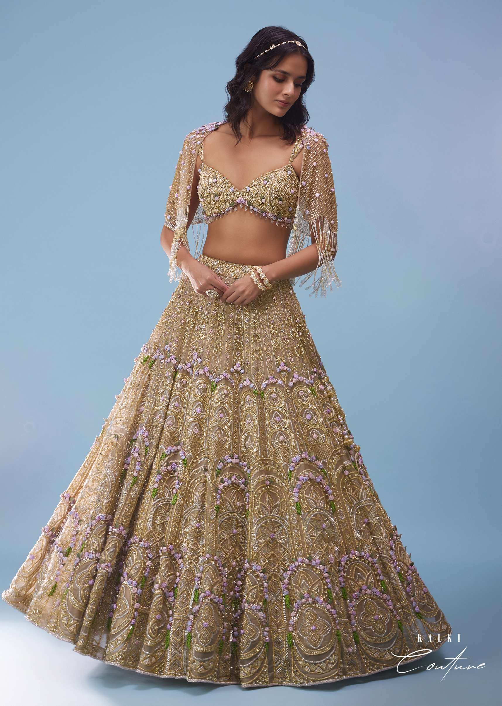 Bridal Naziaa Lehenga In Gold, Embroidered Shoulder Rest, And 3D Floral Embroidery - NOOR 2022 - Image 8