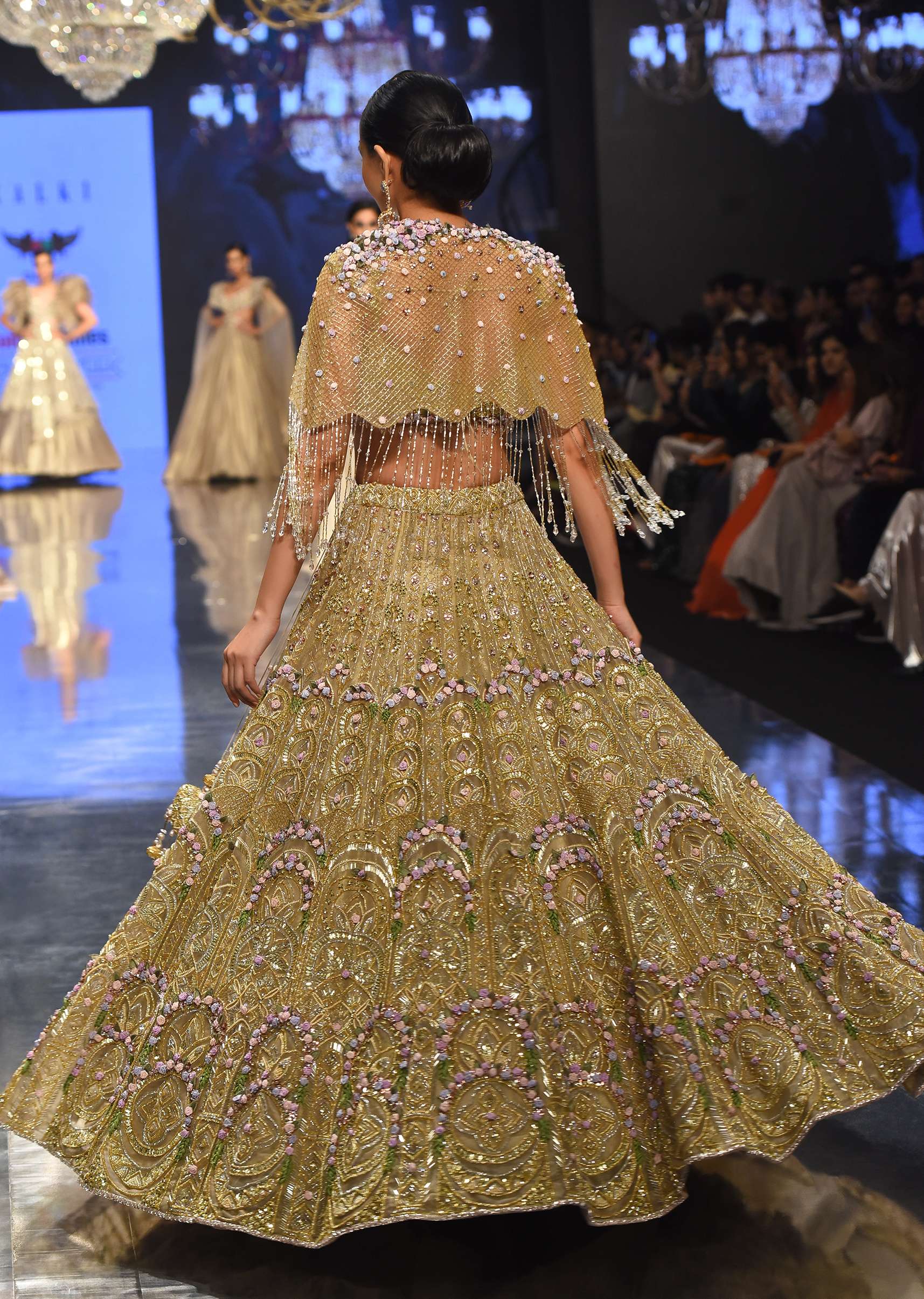 Gold Toned Bridal Naziaa Beige Lehenga With 3D FLoral Embroidery And An Embroidered Shoulder Rest- NOOR 2022 - Image 18