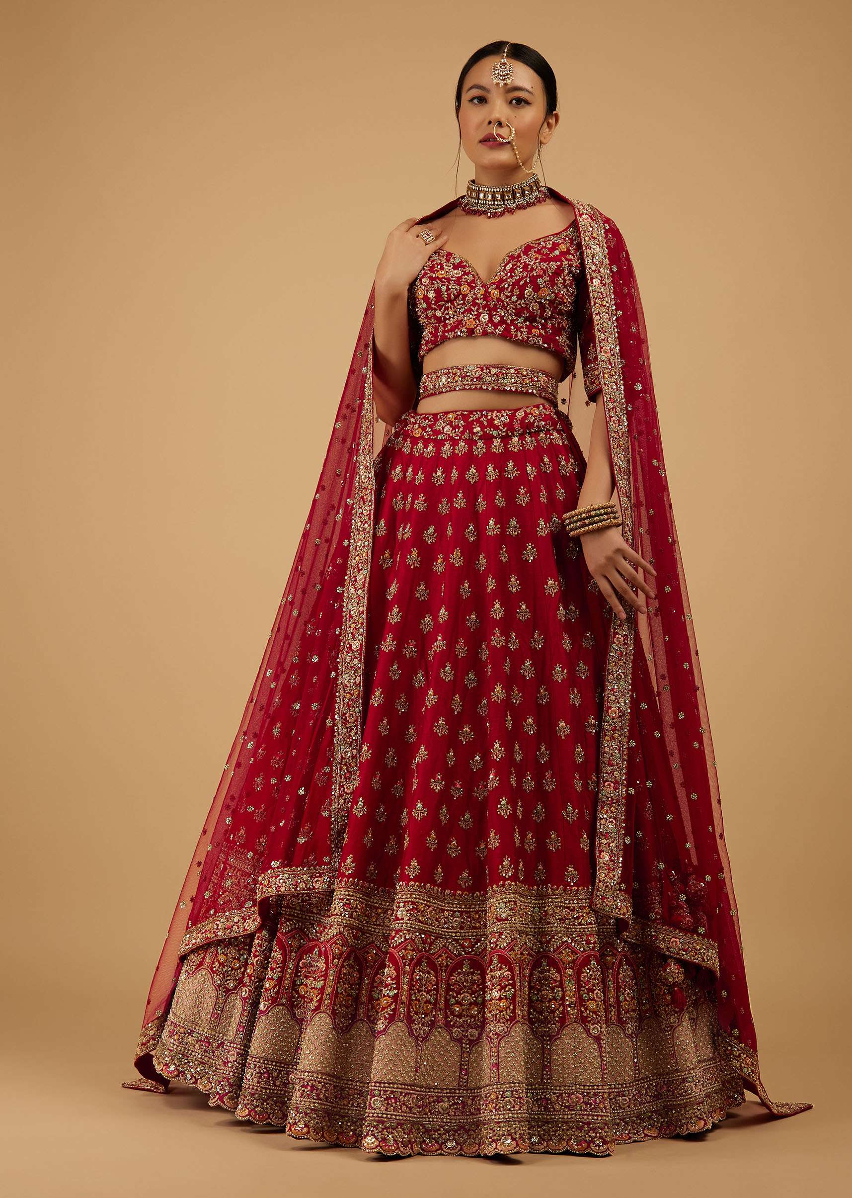 Bride And Baraat Cherry Red Fully Embroidered Lavish Lehenga Choli With Belt - Image 5