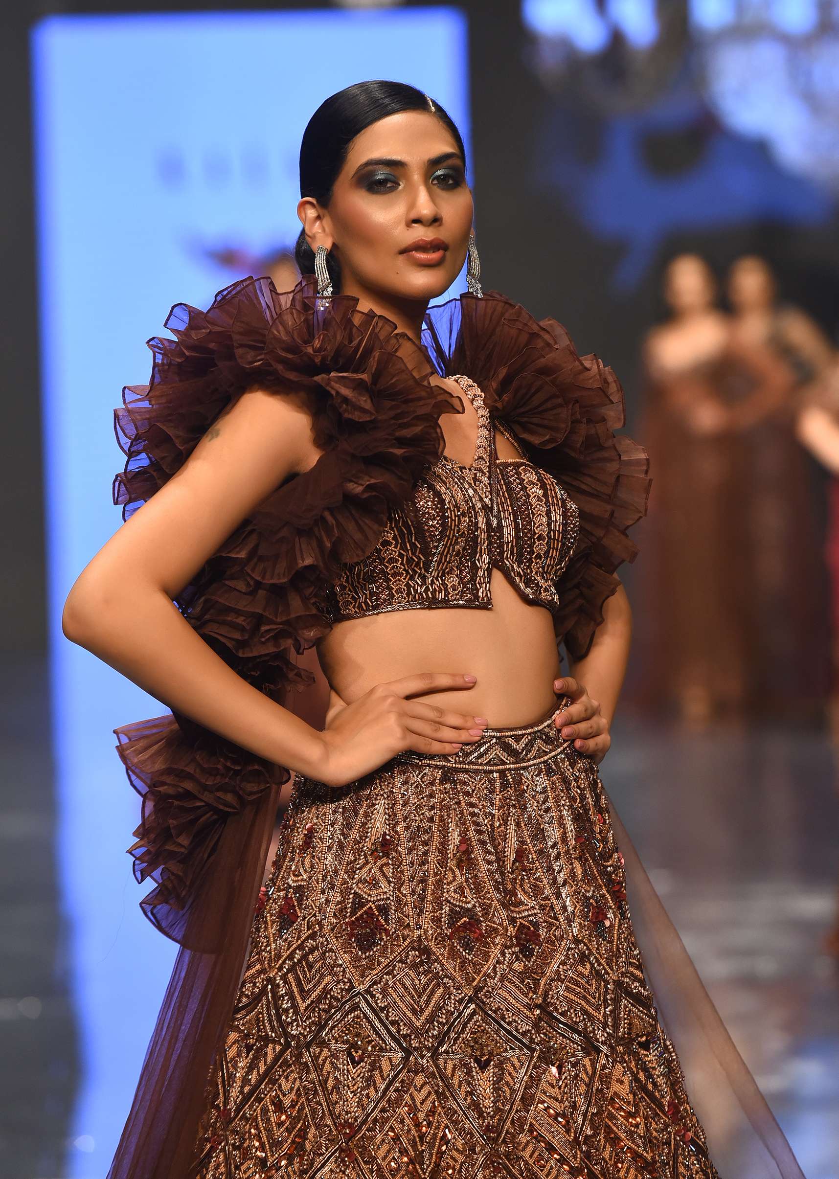Dark Brown Exemplar Lehenga Set With Heavy Embroidery And Ruffle Shrug - NOOR 2022 - Image 2