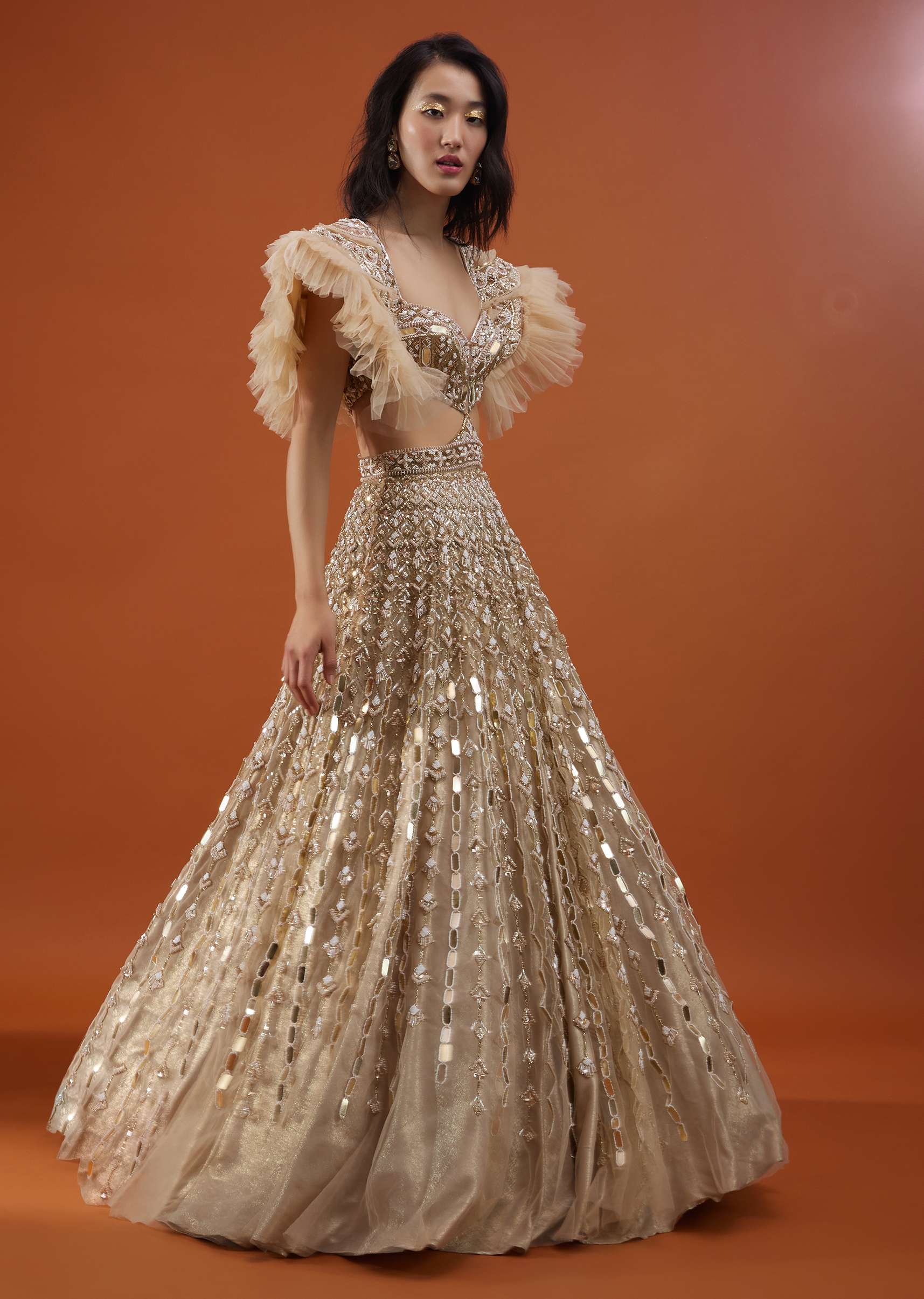 Champagne Gold Angelic Gown In Net With Ruffle Sleeves And Mirror Work - NOOR 2022 - Image 3