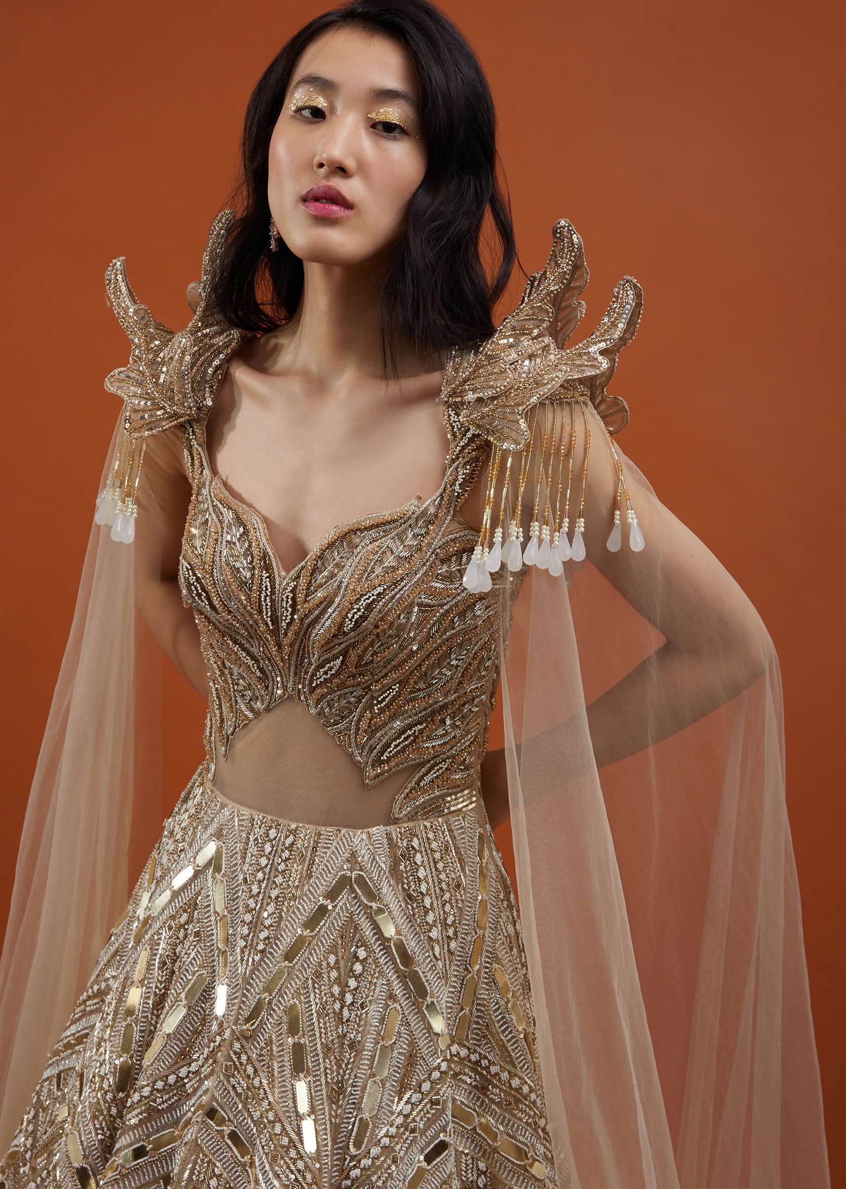 Champagne Gold Divine Gown In Net With Ruffle Frill Adornment - NOOR 2022 - Image 6