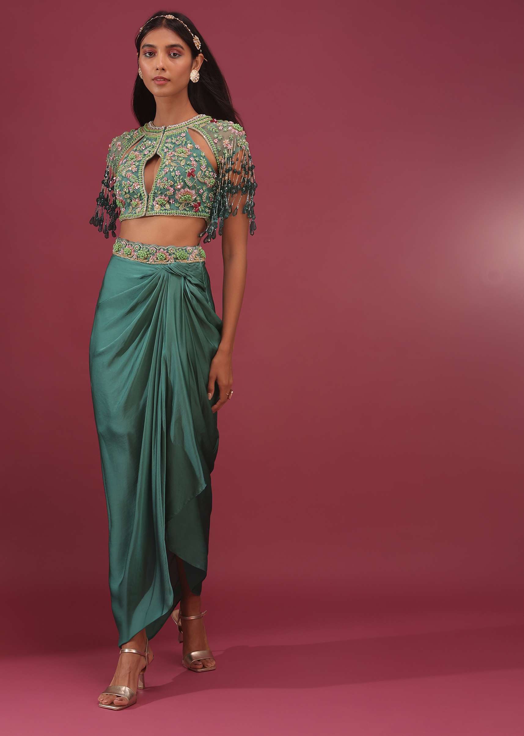 Sea Green Dhoti Crop Top Set In Satin Organza With Embroidery - NOOR 2022 - Image 3