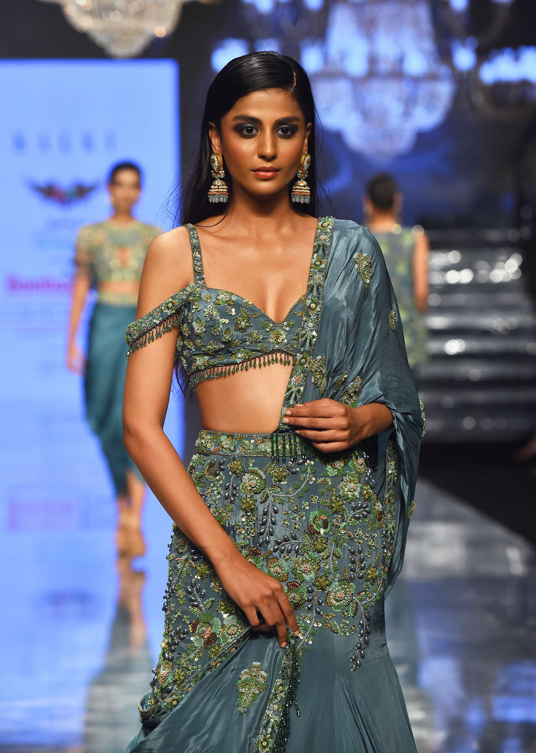 Mint Blue Lehenga Set In Pure Crepe Embroidered With Attached Dupatta - NOOR 2022 - Image 3
